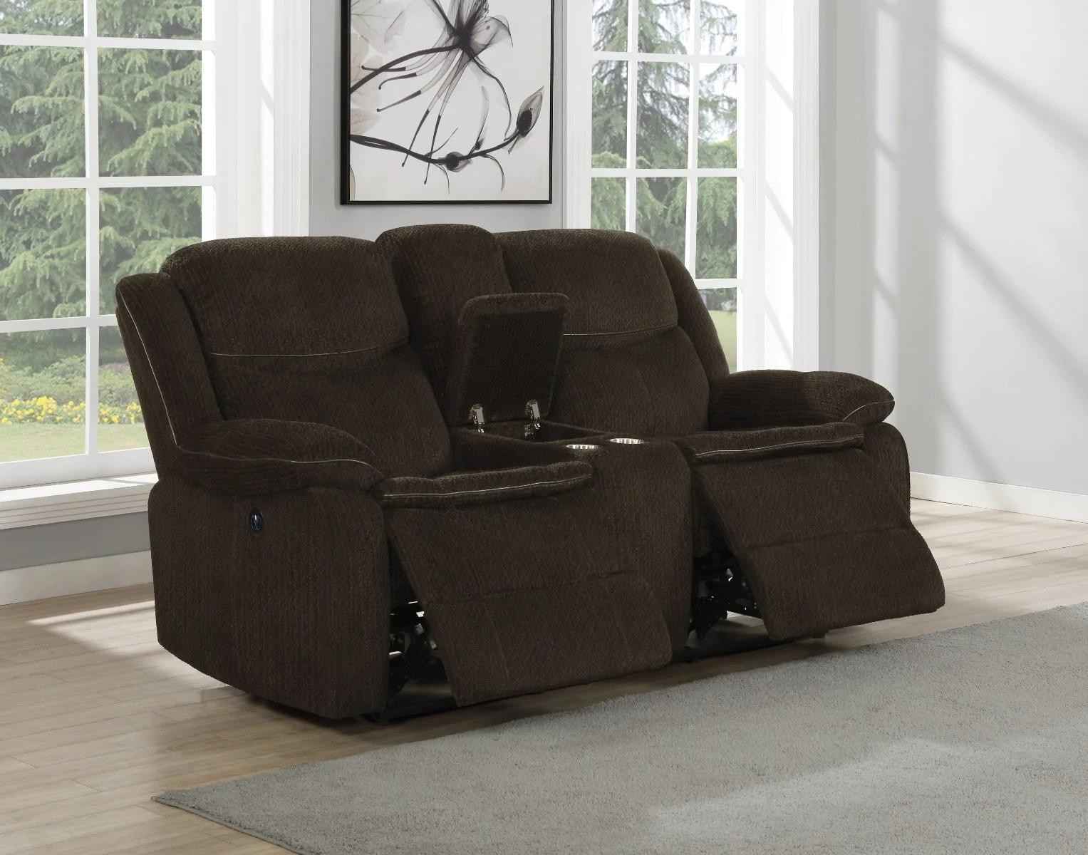 

    
 Order  Modern Brown Chenille Power Sofa Set 2pcs Coaster 610251P-S2 Jennings
