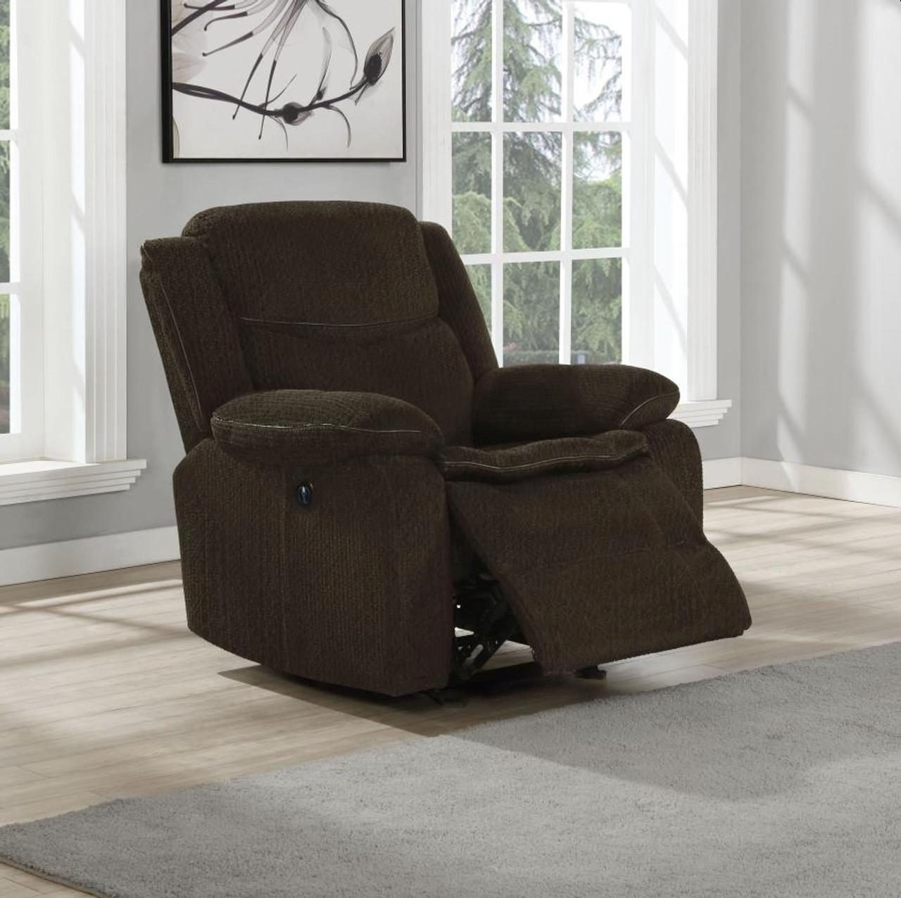 

    
 Order  Modern Brown Chenille Power Sofa Set 3pcs Coaster 610251P-S3 Jennings
