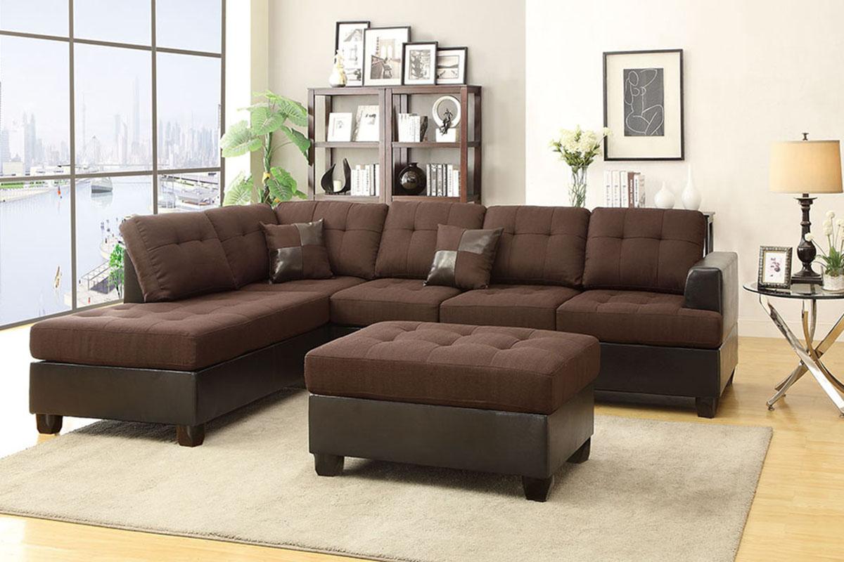 

    
3-Pcs Sectional Set F7602 Brown Fabric Espresso Faux Leather Poundex Modern
