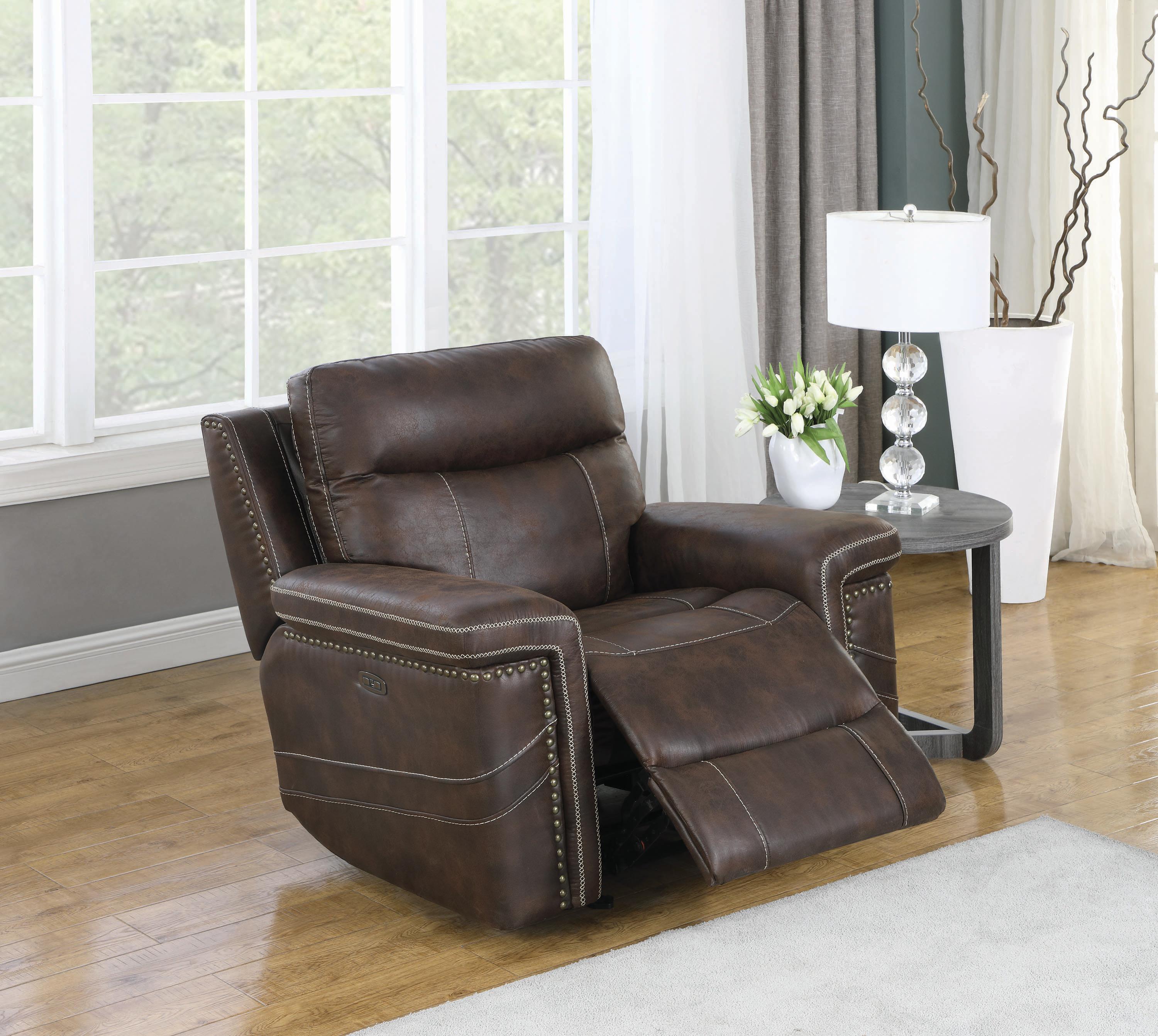 

    
 Order  Modern Brown Faux Suede Power Recliner Coaster 603513PP Wixom
