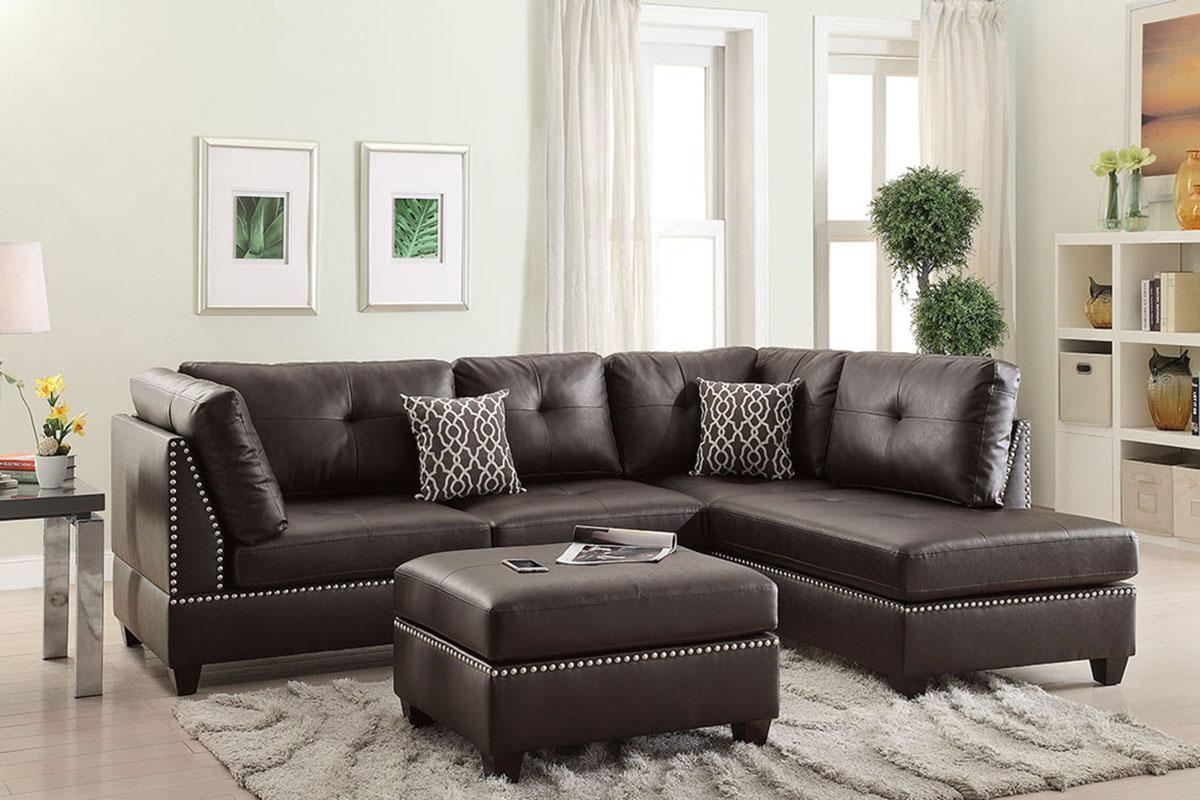 Contemporary, Modern 3-Pcs Sectional Sofa F6973 F6973 in Brown Bonded Leather