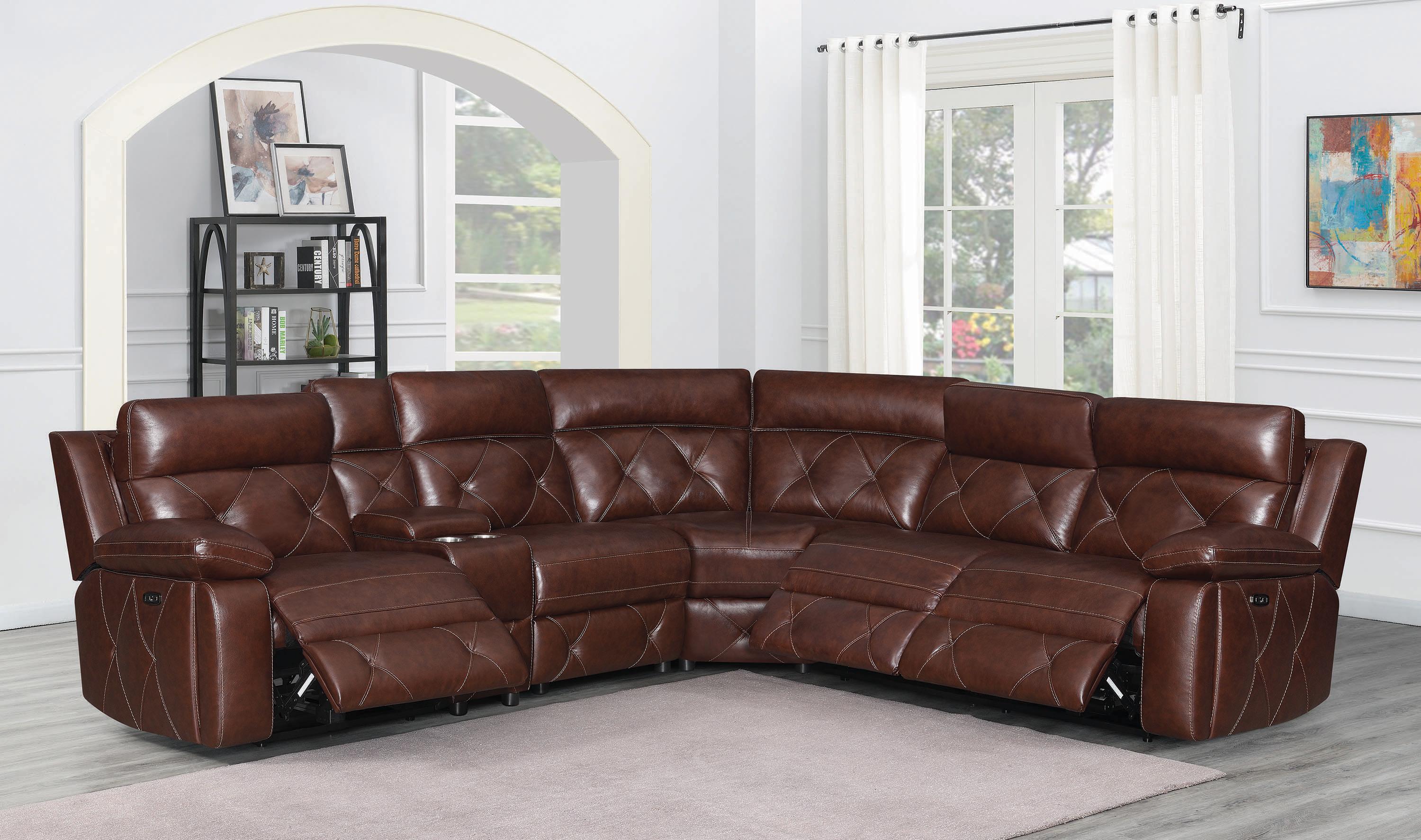 

    
 Shop  Contemporary Chocolate Leather 6-piece Power Sectional Coaster 603440PP Chester
