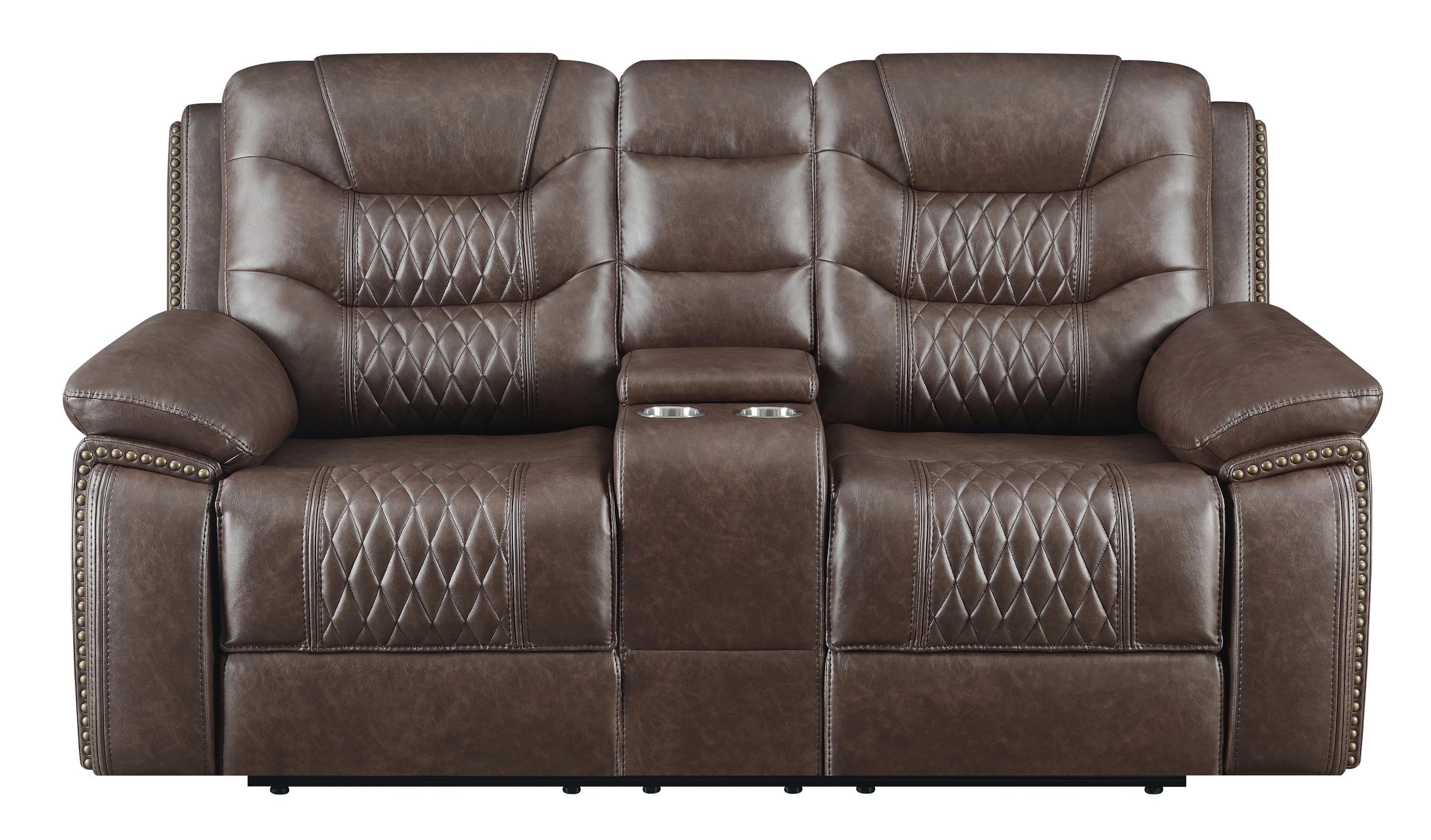 

    
 Order  Modern Brown Leatherette Motion Sofa Set 2pcs Coaster 610201-S2 Flamenco
