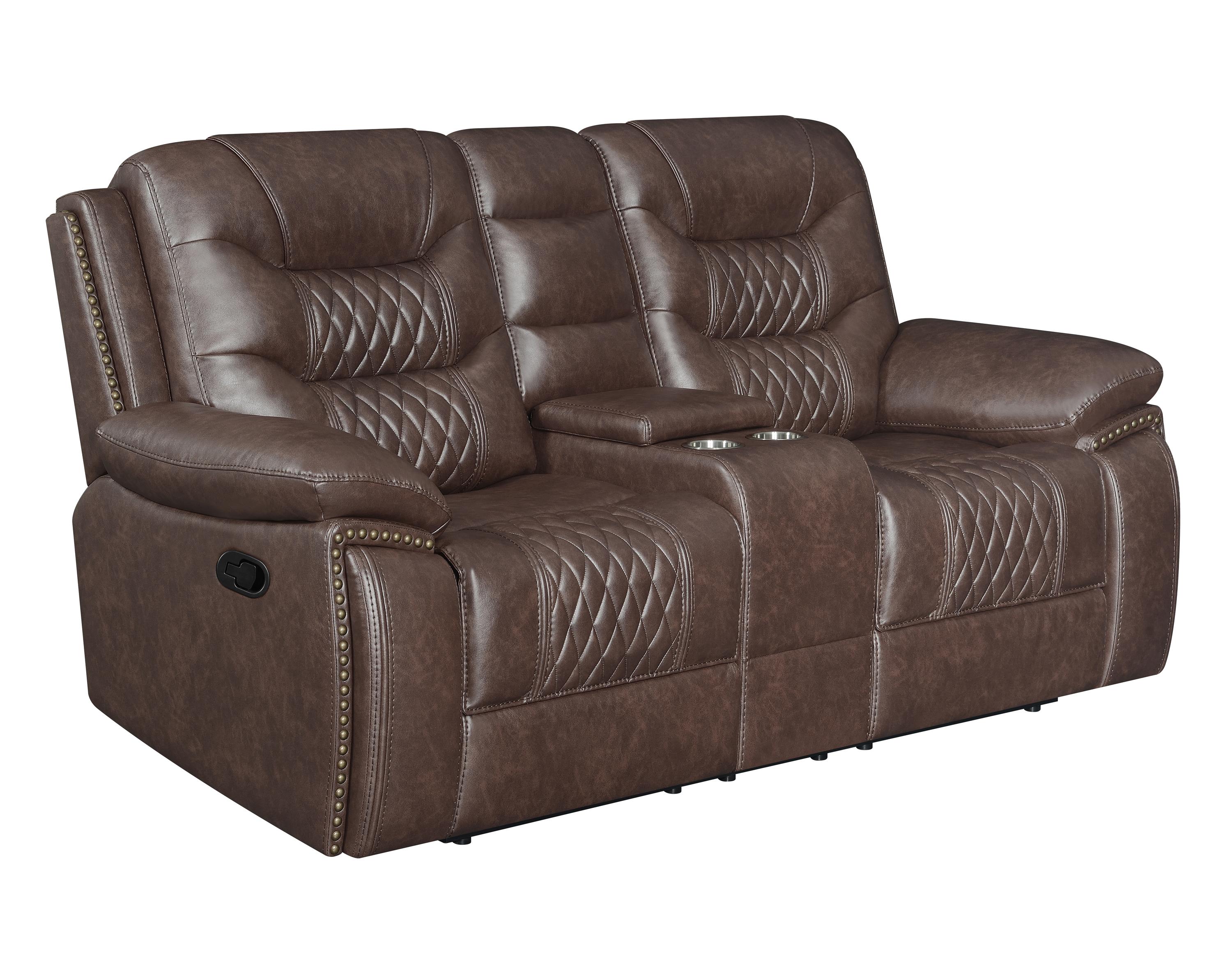 

    
 Shop  Modern Brown Leatherette Motion Sofa Set 2pcs Coaster 610201-S2 Flamenco
