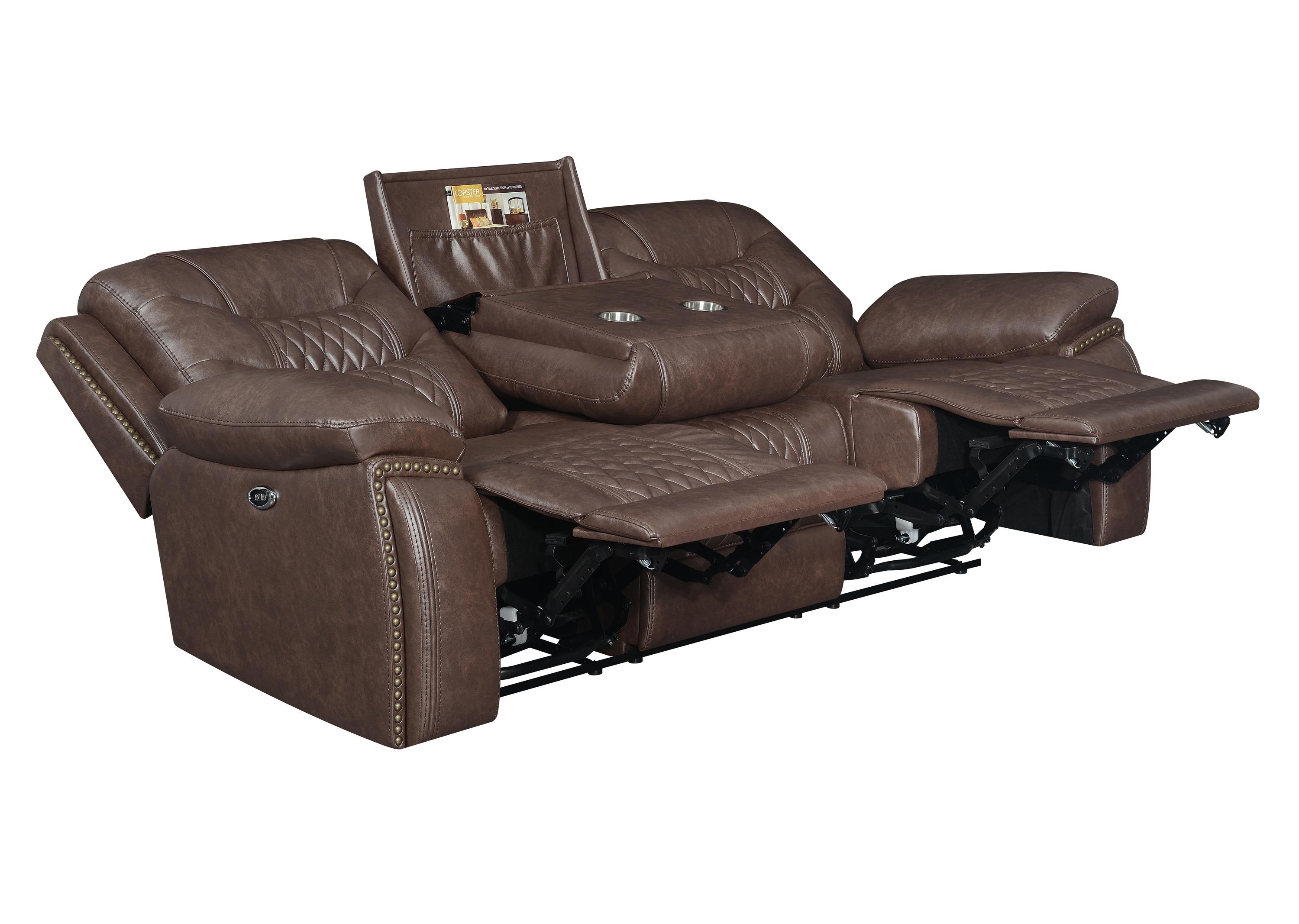 

    
 Photo  Modern Brown Leatherette Motion Sofa Set 2pcs Coaster 610201-S2 Flamenco
