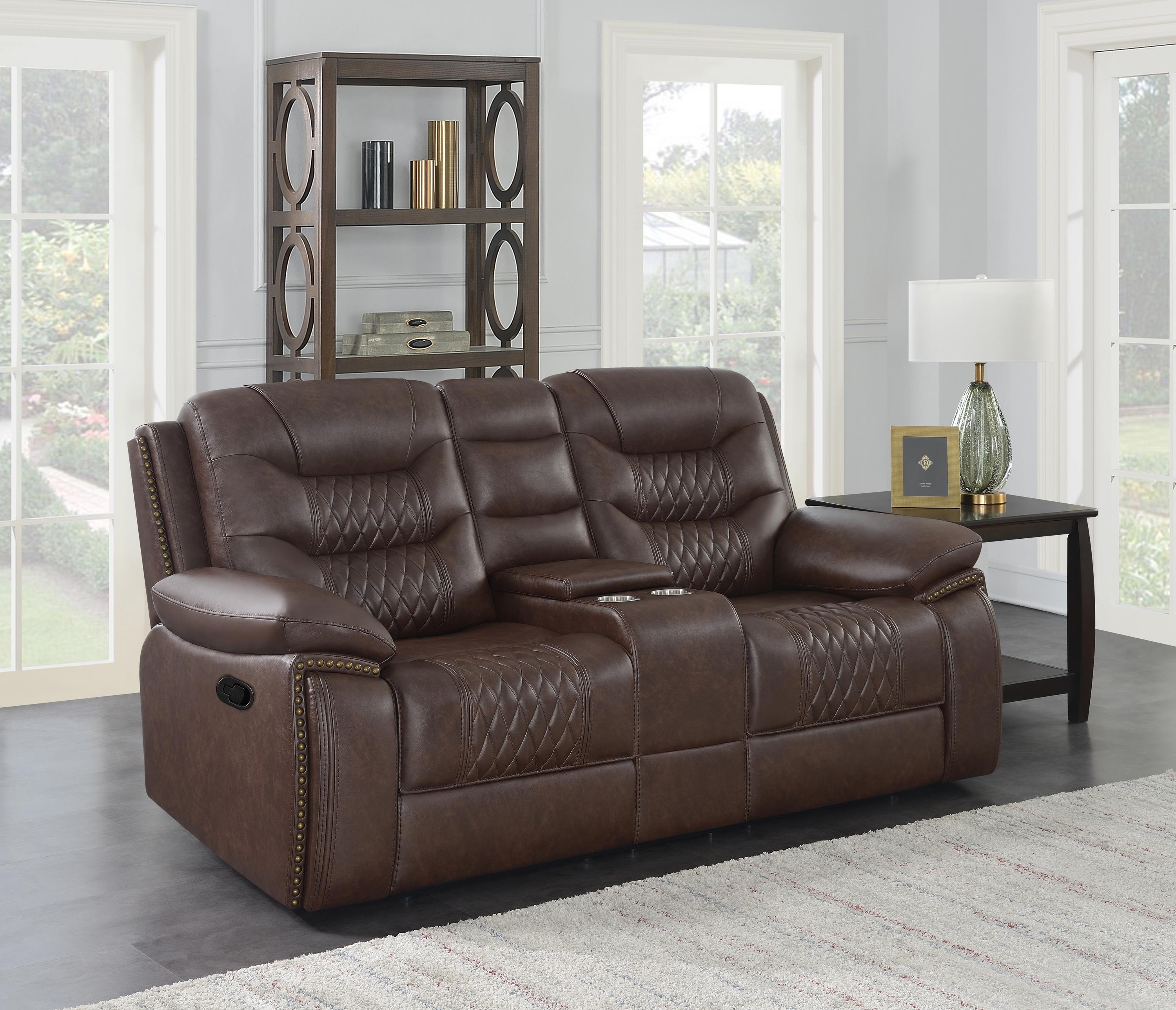 

    
610201-S2 Modern Brown Leatherette Motion Sofa Set 2pcs Coaster 610201-S2 Flamenco
