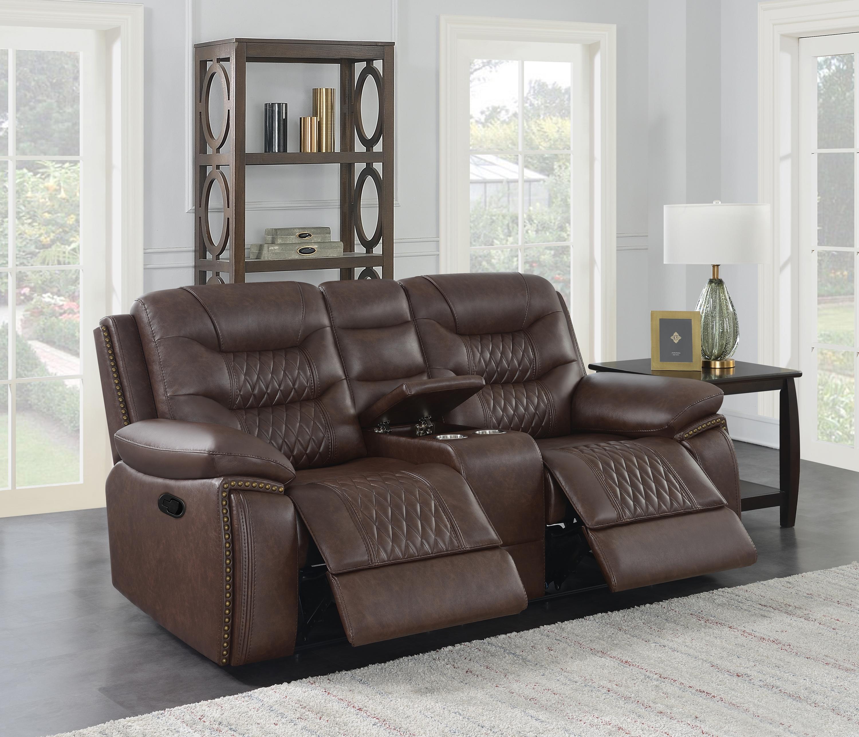 

                    
Buy Modern Brown Leatherette Motion Sofa Set 2pcs Coaster 610201-S2 Flamenco
