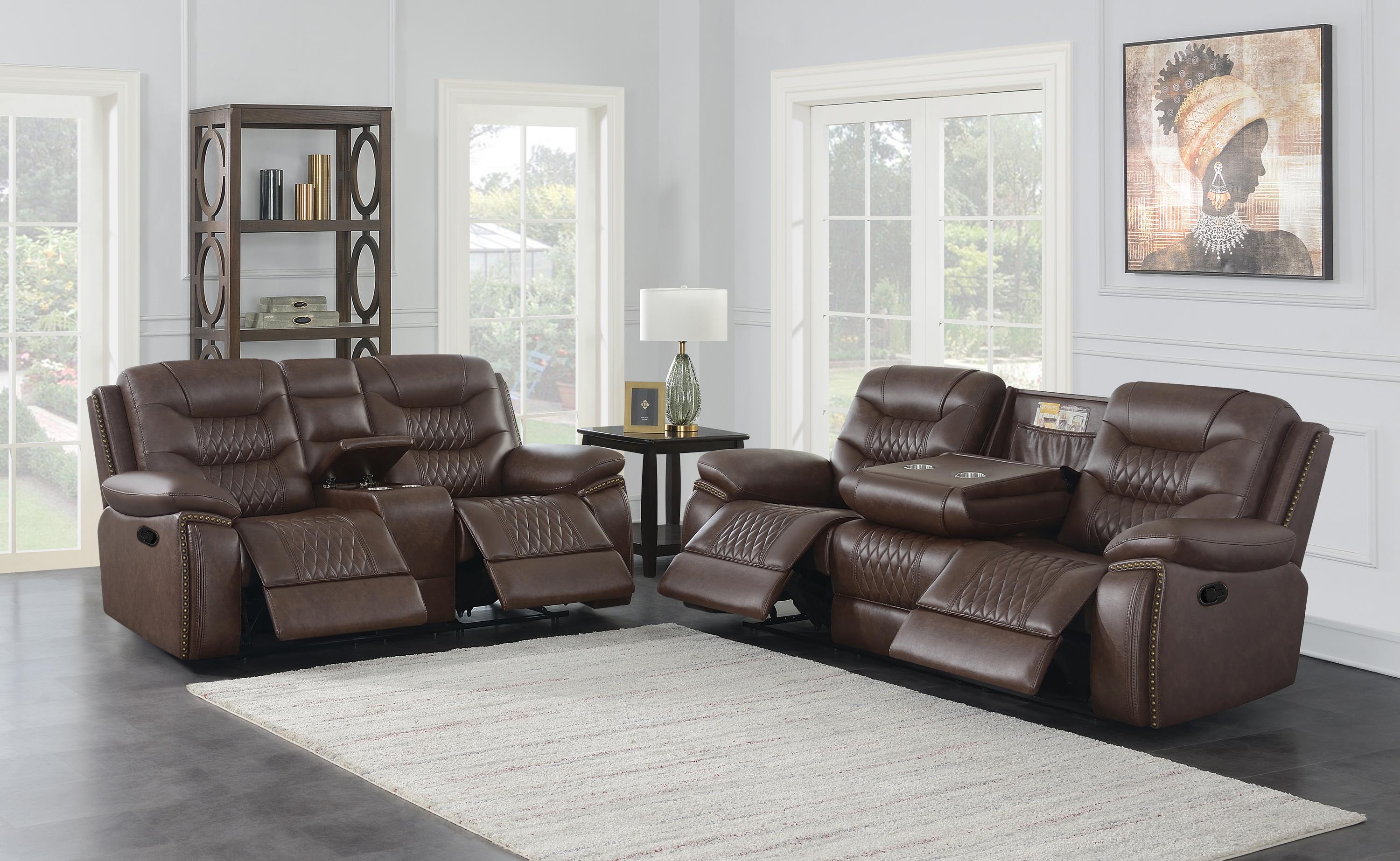 

    
Modern Brown Leatherette Motion Sofa Set 2pcs Coaster 610201-S2 Flamenco
