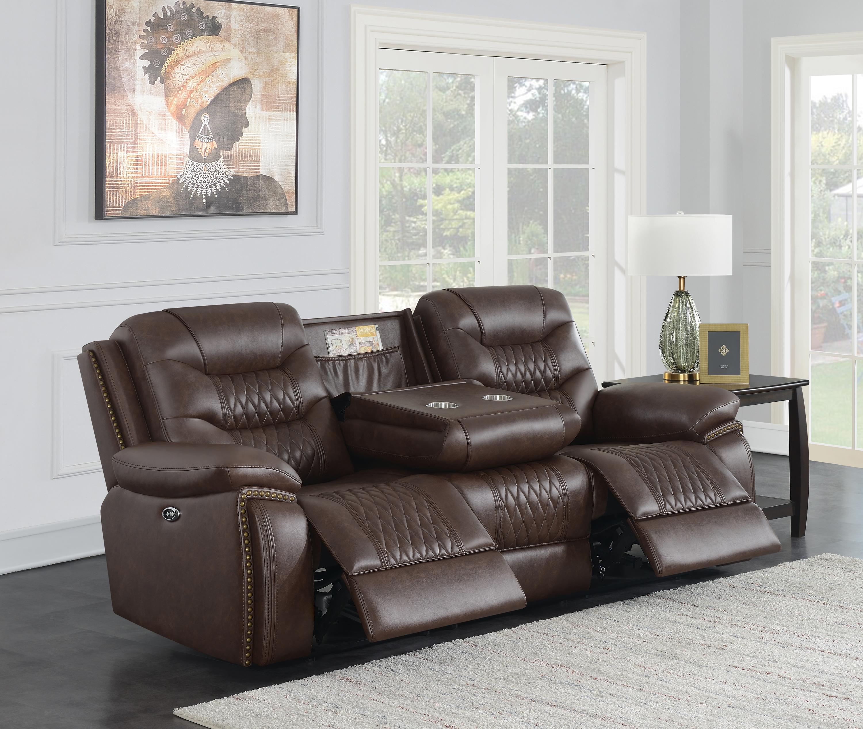 

    
 Shop  Modern Brown Leatherette Motion Sofa Set 3pcs Coaster 610201-S3 Flamenco
