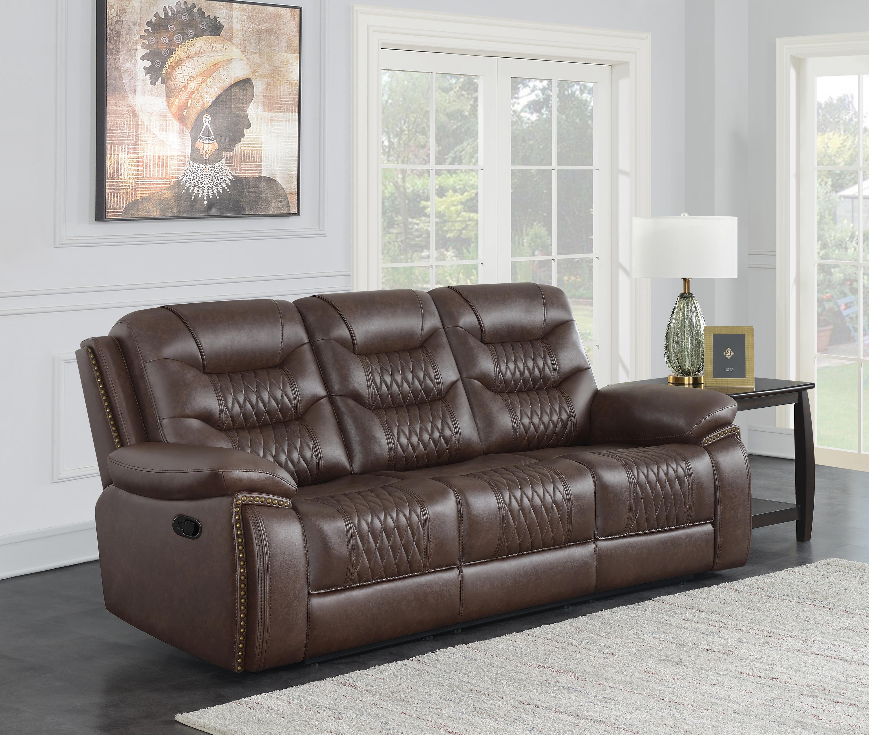 

    
 Order  Modern Brown Leatherette Motion Sofa Set 3pcs Coaster 610201-S3 Flamenco
