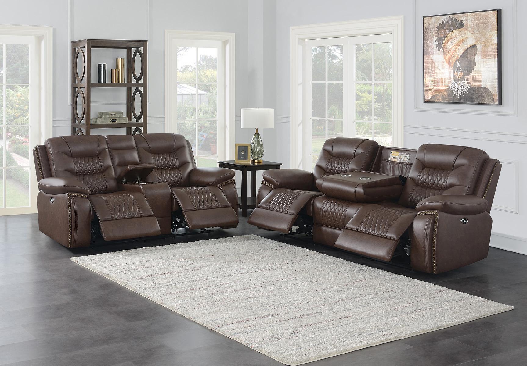 

    
Modern Brown Leatherette Power Sofa Set 2pcs Coaster 610201P-S2 Flamenco
