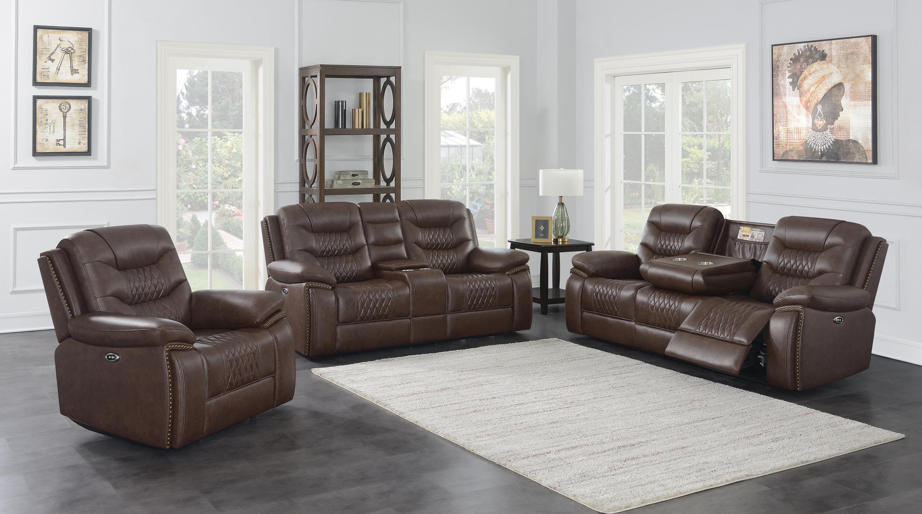 

    
Modern Brown Leatherette Power Sofa Set 3pcs Coaster 610201P-S3 Flamenco

