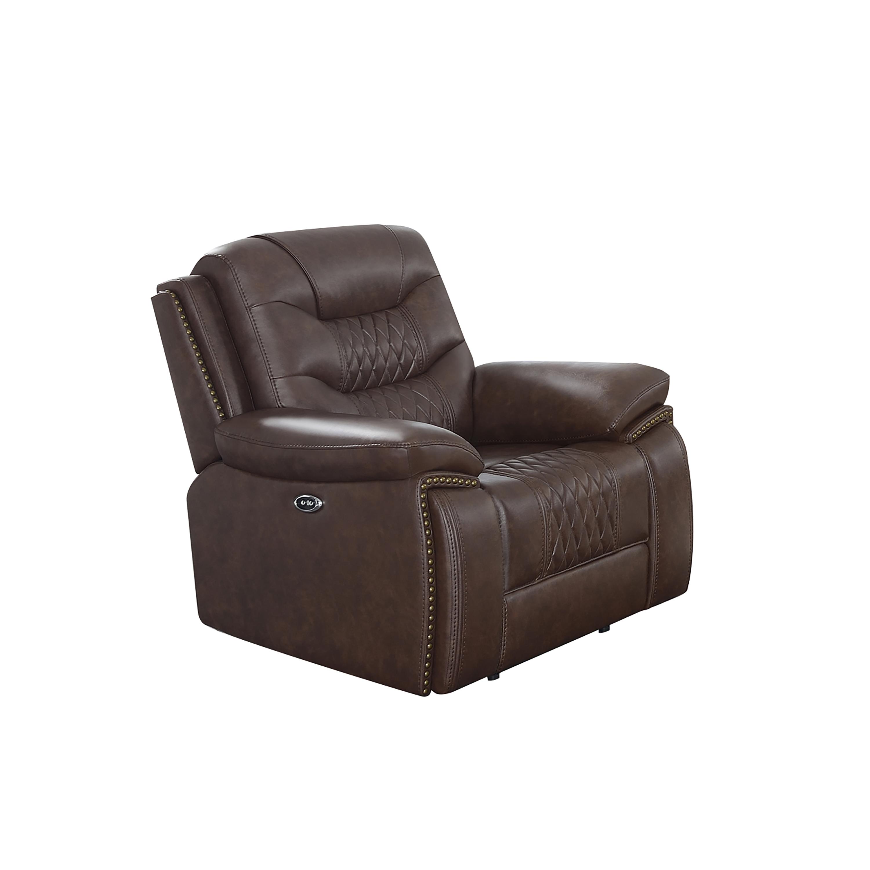 

    
 Shop  Modern Brown Leatherette Power Sofa Set 3pcs Coaster 610201P-S3 Flamenco
