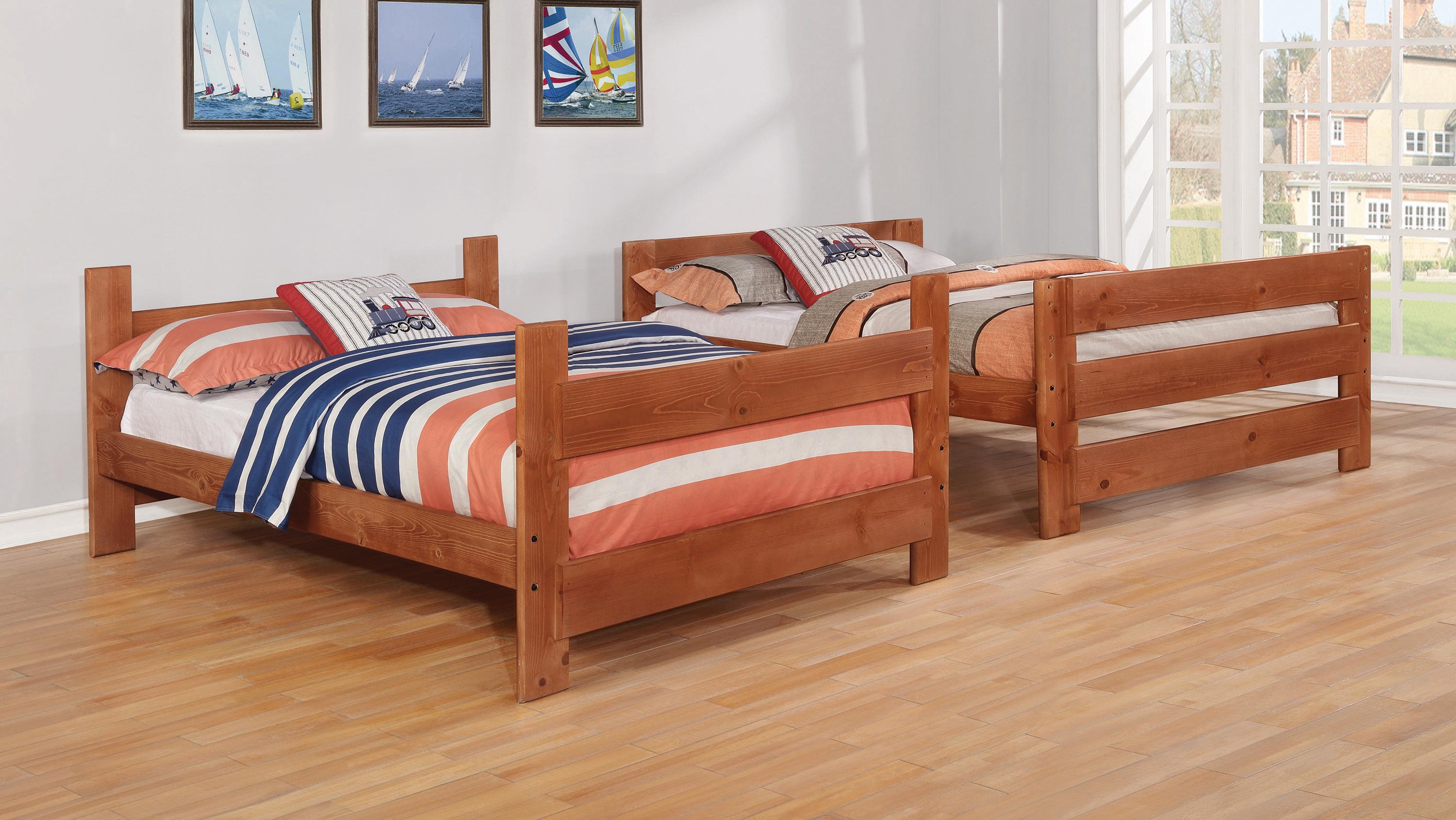 

    
460096 Transitional Amber Solid Ponderosa Pine Full/Full Bunk Bed Coaster 460096 Wrangle Hill
