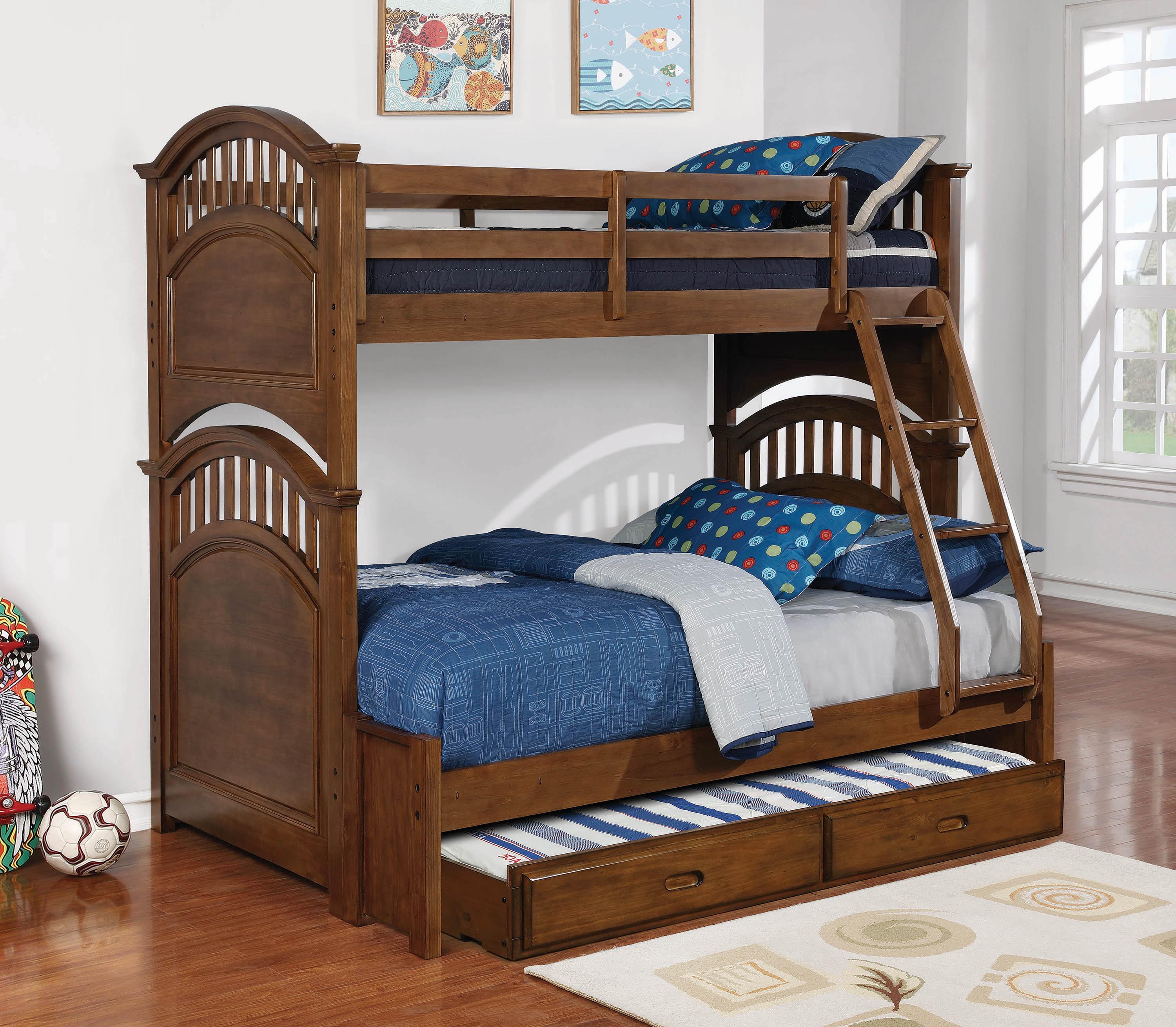 

    
Modern Brown Wood Twin / full bunk bed Halsted by Coaster
