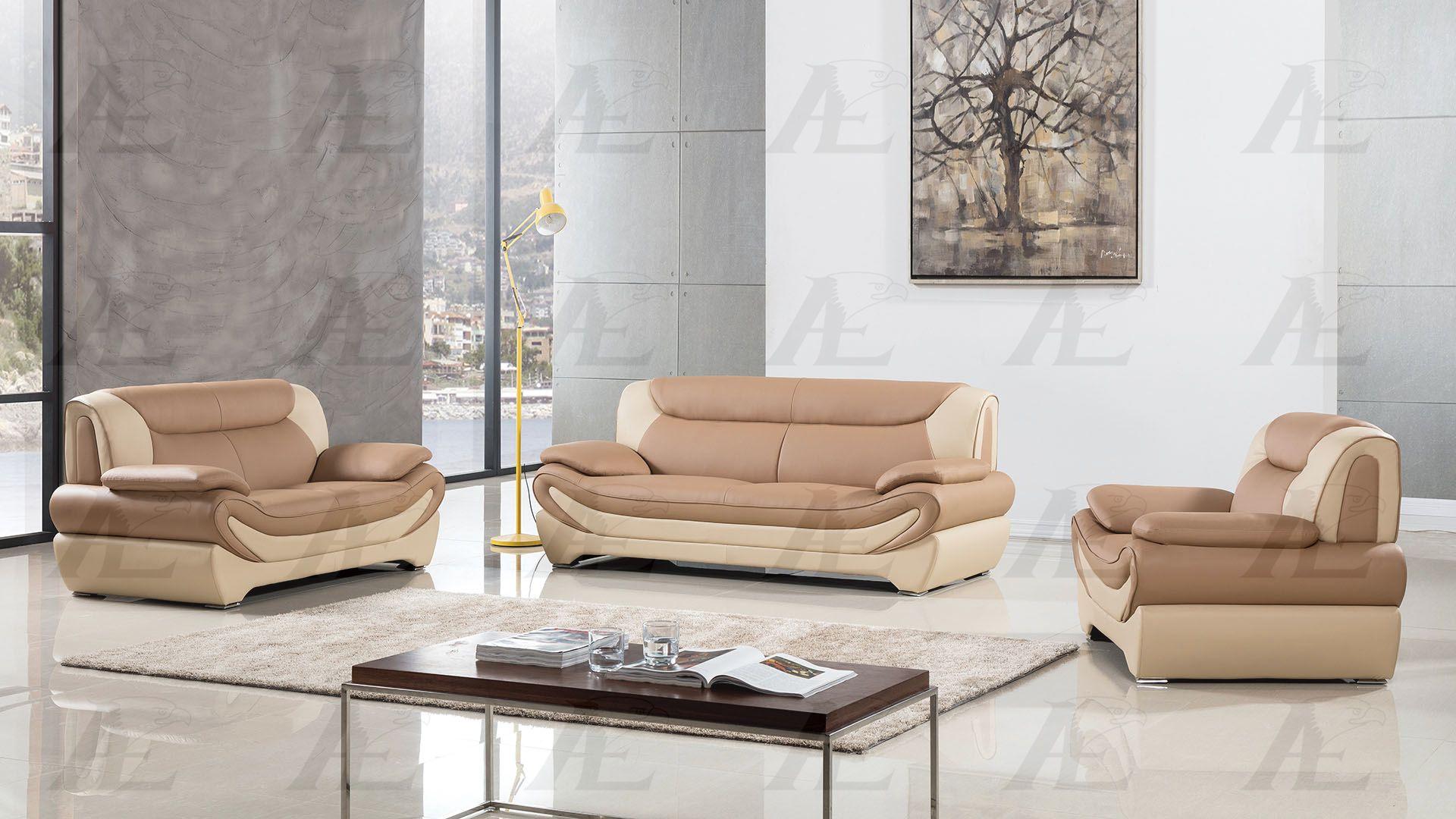 Contemporary, Modern Sofa Set AE209-CA.IV AE209-CA.IV-Set-3 in Camel, Ivory Faux Leather