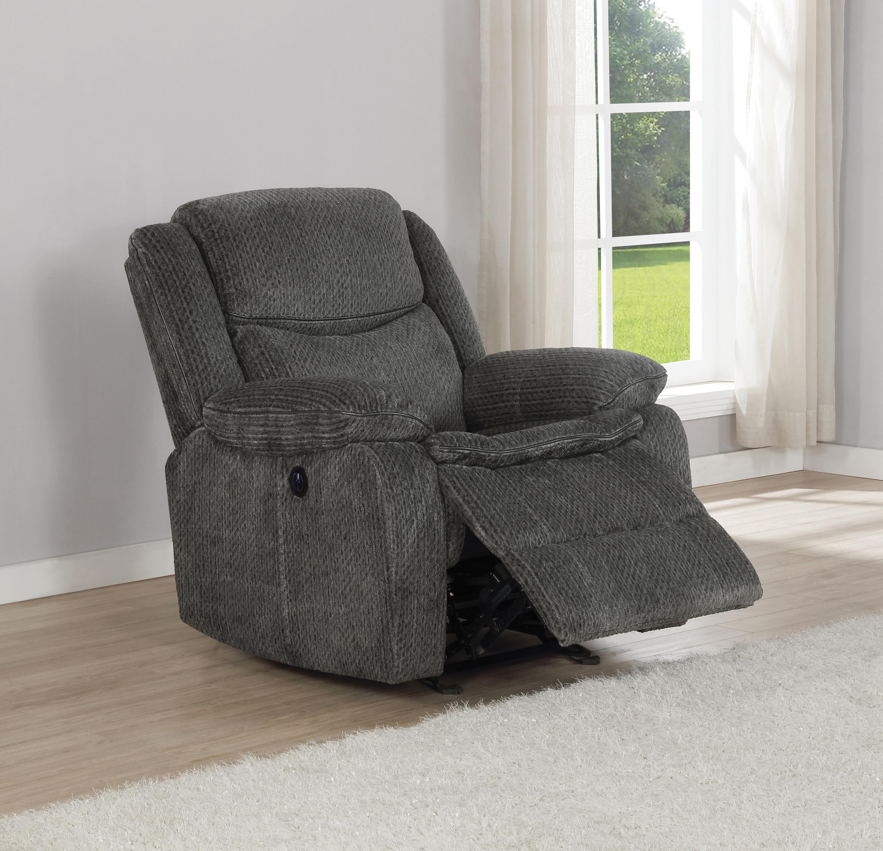 

    
 Photo  Modern Charcoal Chenille Motion Glider Recliner Coaster 610256 Jennings
