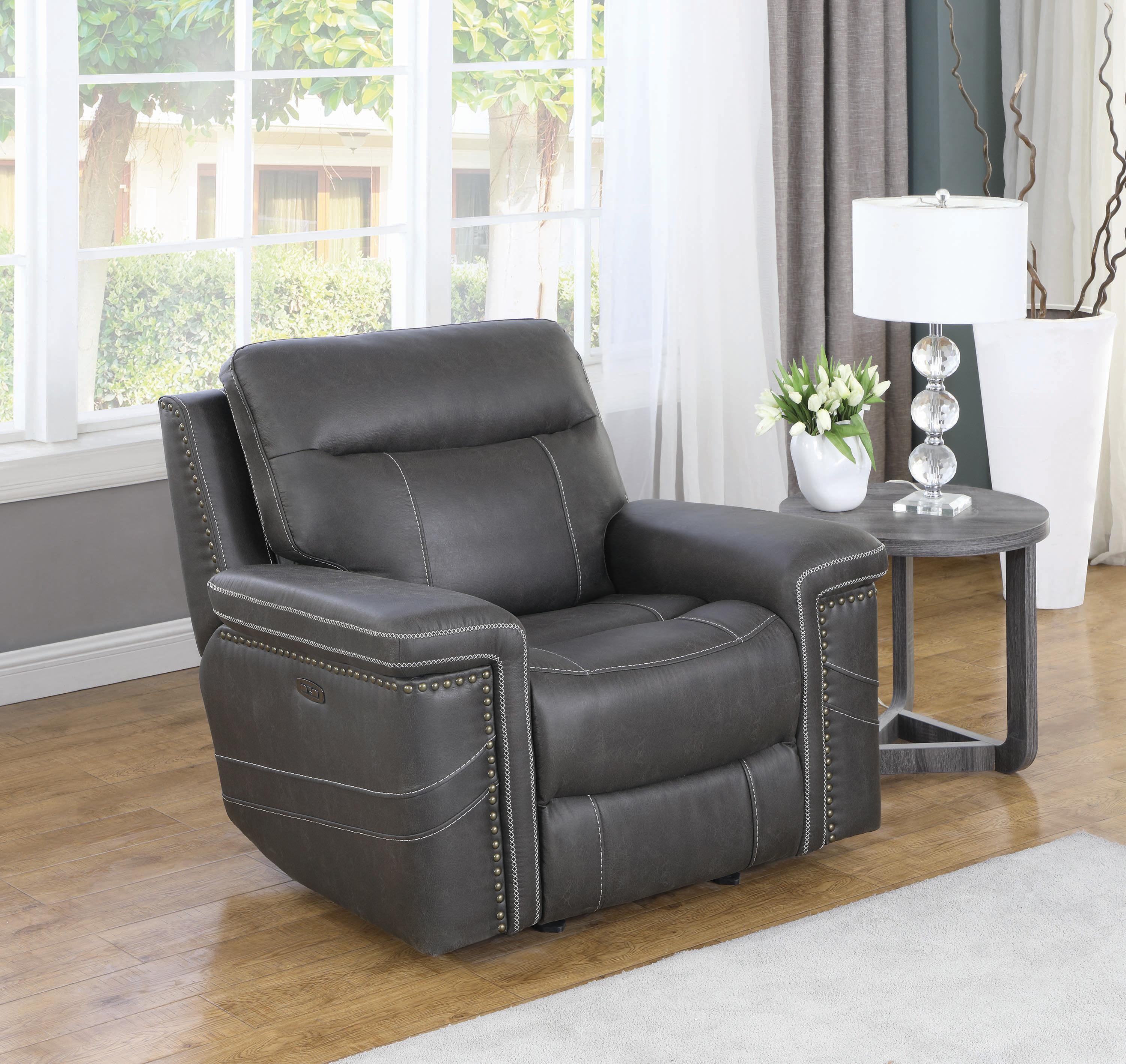 

    
 Shop  Modern Charcoal Faux Suede Power Recliner Coaster 603516PP Wixom
