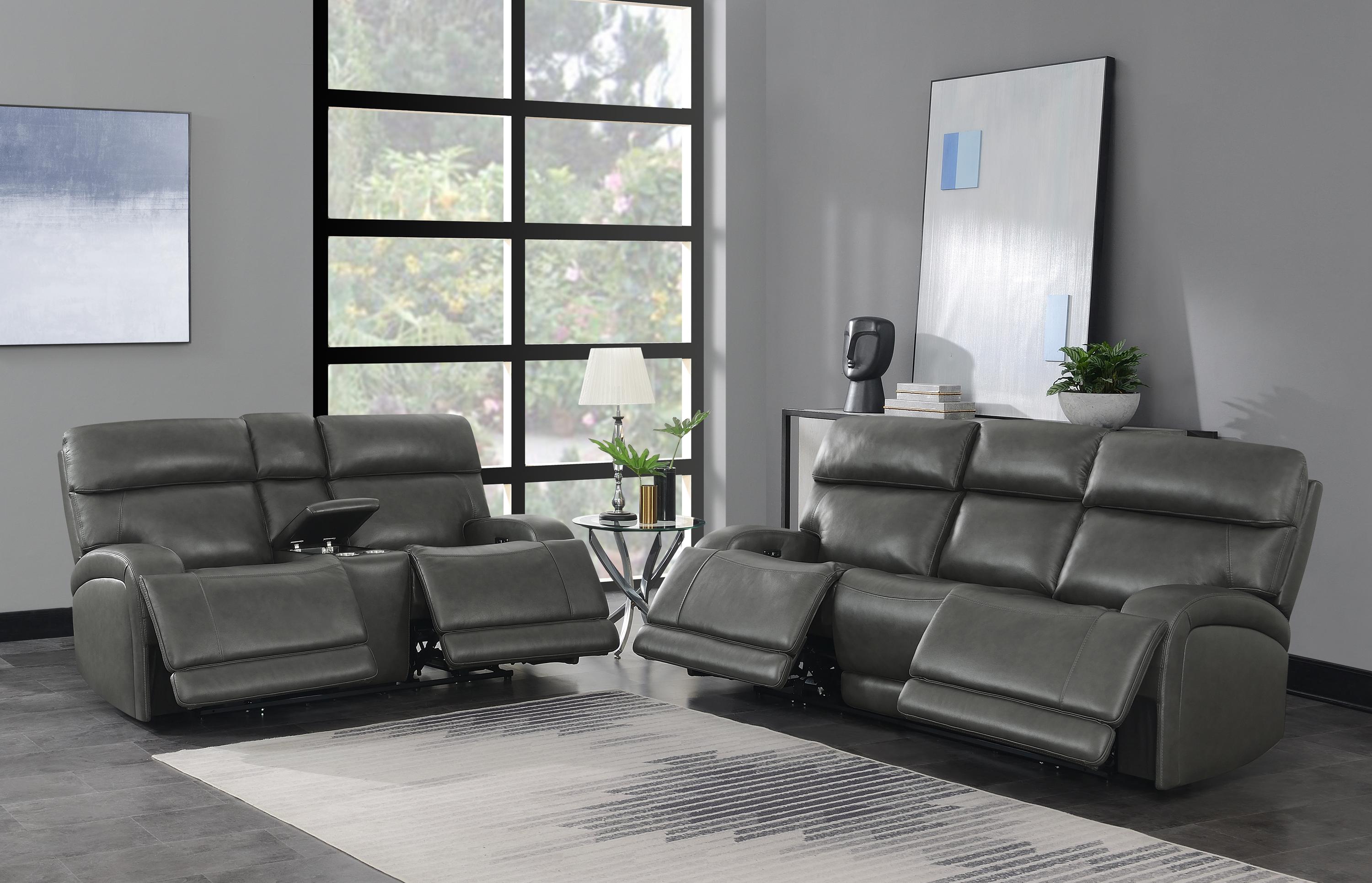 

    
Modern Charcoal Top Grain Leather Power Living Room Set 2pcs Coaster 610484P-S2 Longport
