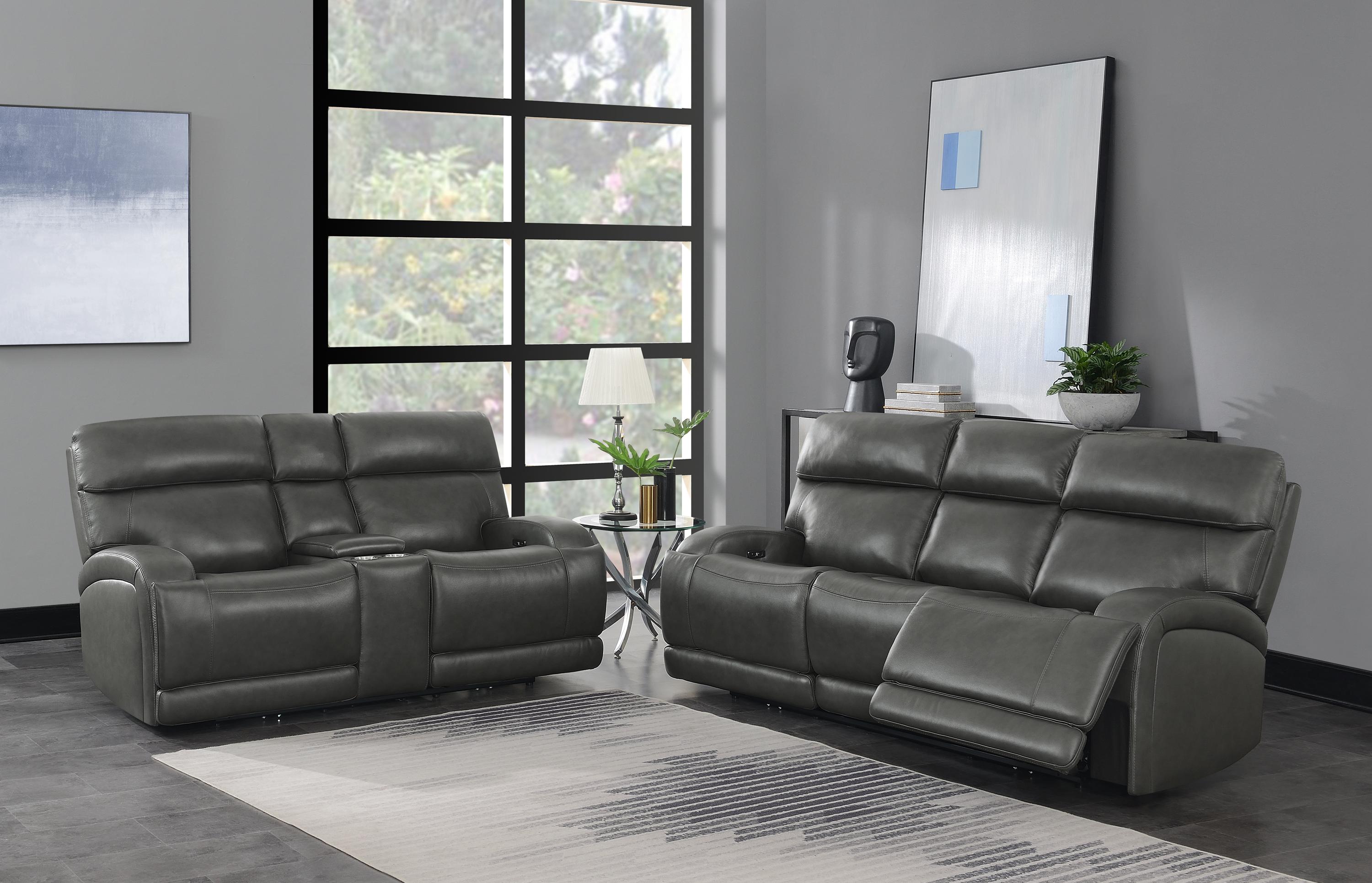 

    
Modern Charcoal Top Grain Leather Power Living Room Set 2pcs Coaster 610484P-S2 Longport
