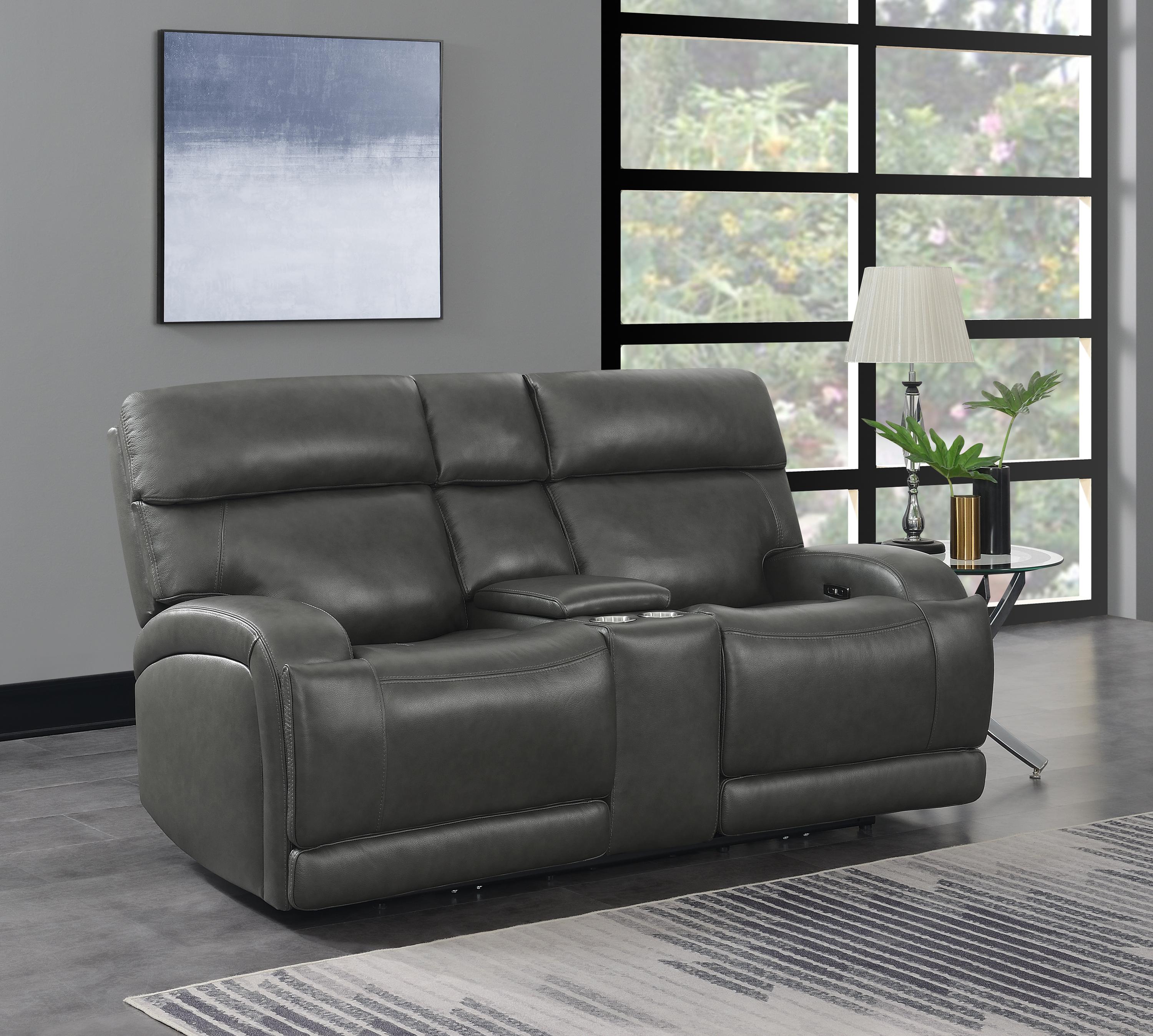 

    
 Order  Modern Charcoal Top Grain Leather Power Living Room Set 3pcs Coaster 610484P-S3 Longport
