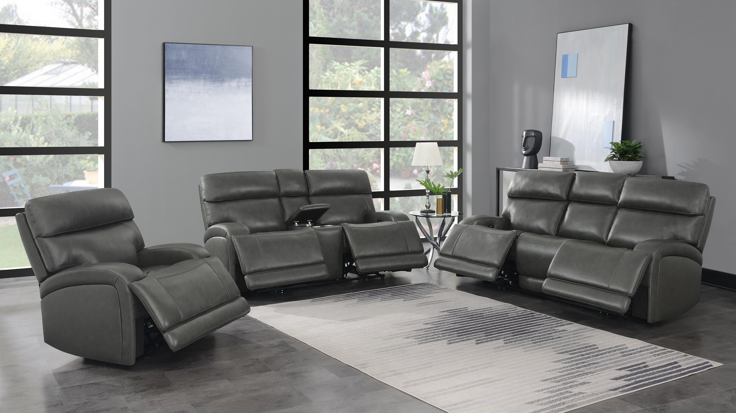 

    
Modern Charcoal Top Grain Leather Power Living Room Set 3pcs Coaster 610484P-S3 Longport

