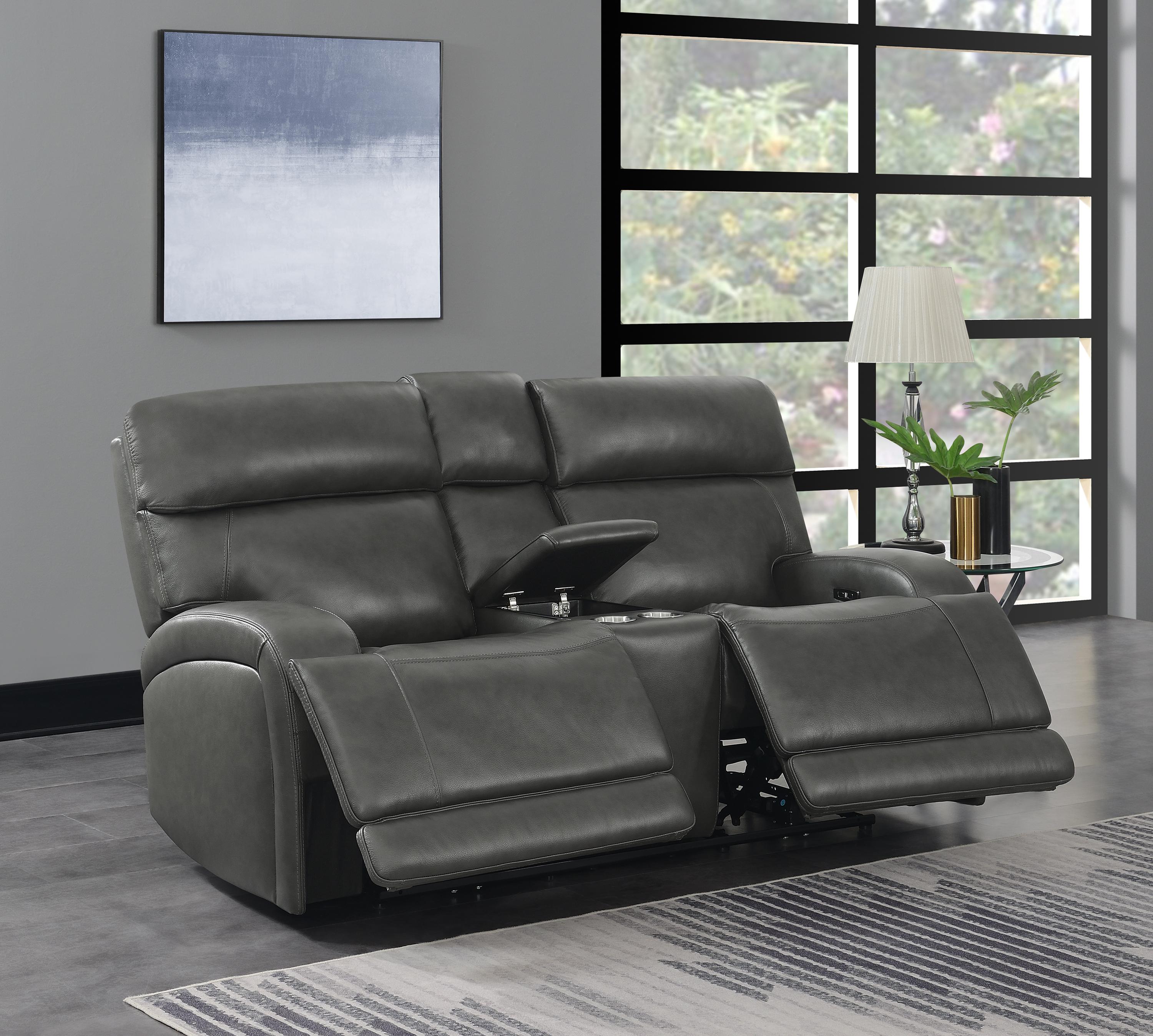 

    
 Shop  Modern Charcoal Top Grain Leather Power Living Room Set 3pcs Coaster 610484P-S3 Longport
