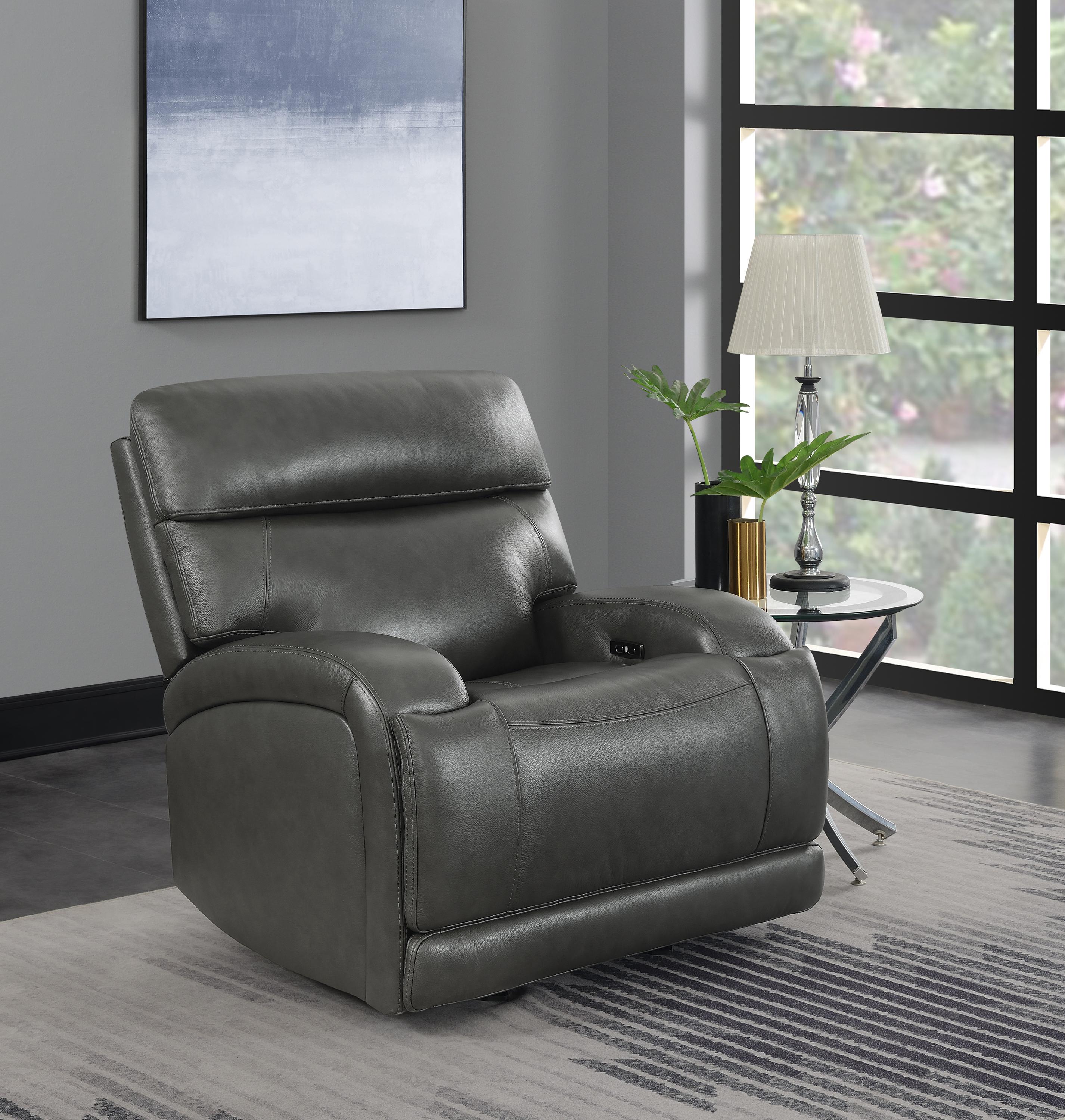 

    
 Photo  Modern Charcoal Top Grain Leather Power Living Room Set 3pcs Coaster 610484P-S3 Longport
