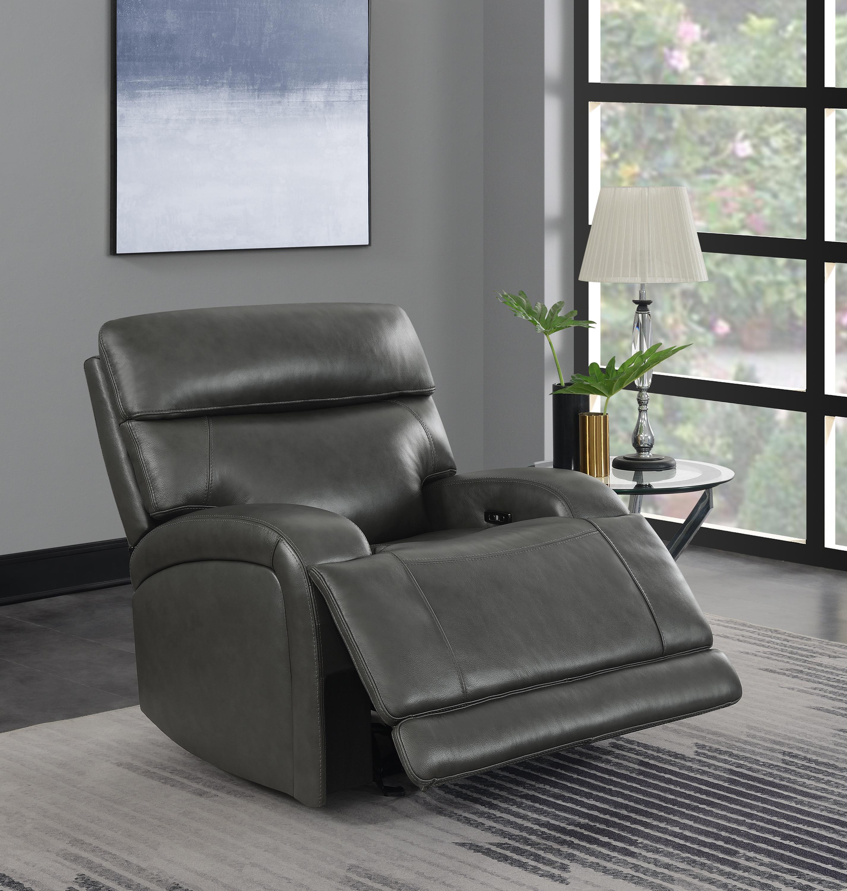 

    
Modern Charcoal Top Grain Leather Power Living Room Set 3pcs Coaster 610484P-S3 Longport
