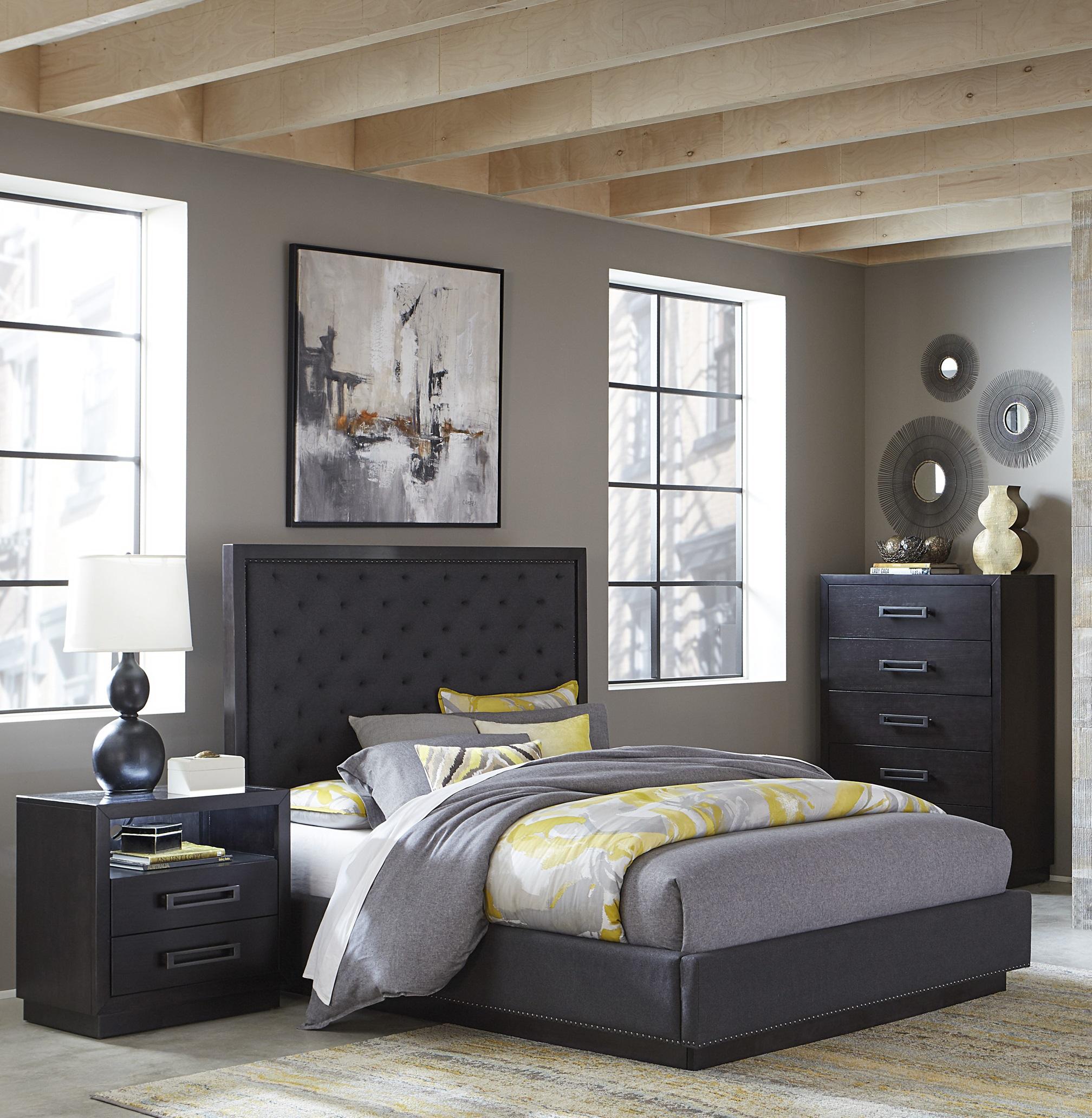 Modern Bedroom Set 5424K-1EK-3PC Larchmont 5424K-1EK-3PC in Charcoal Polyester