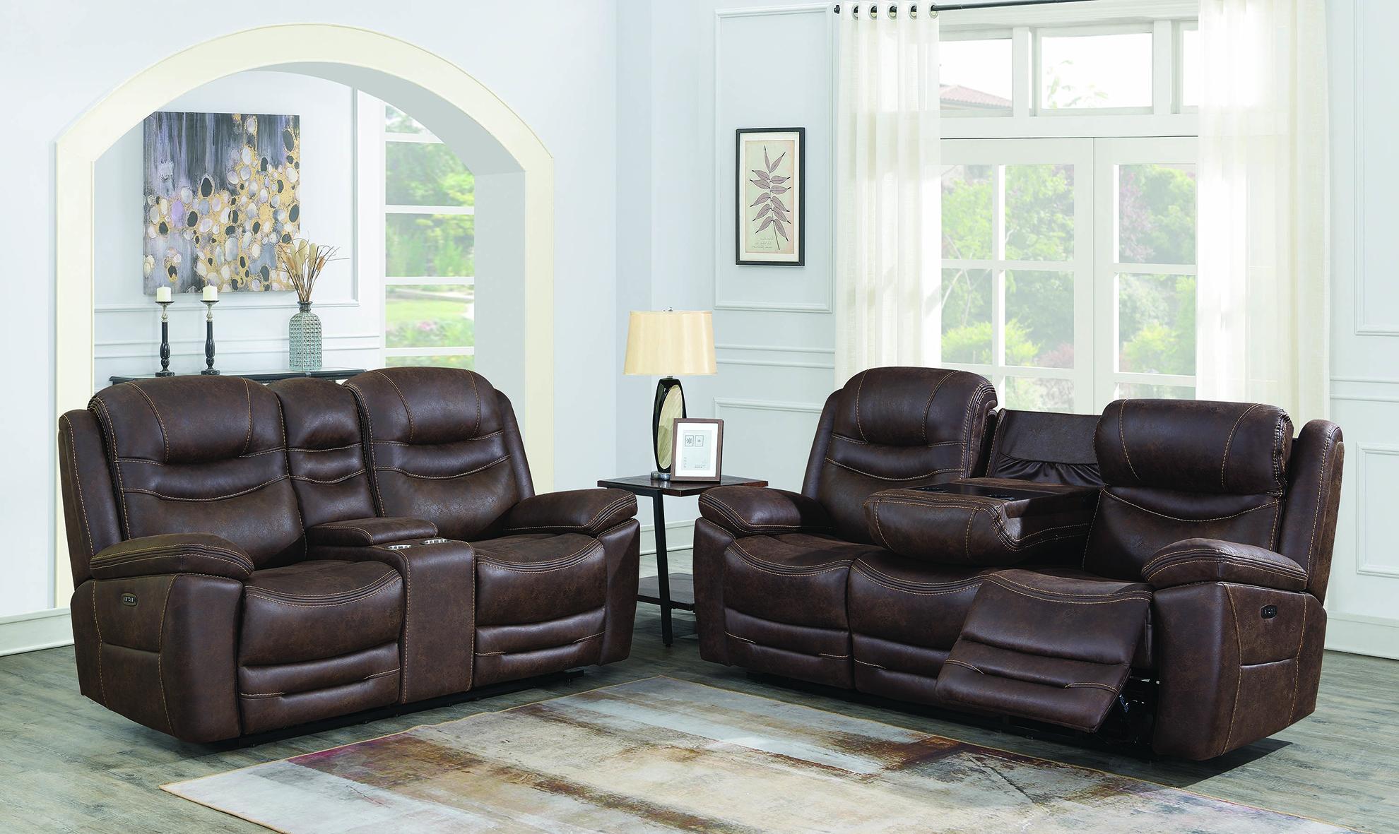 

    
Modern Chocolate Faux Suede Power Living Room Set 2pcs Coaster 603331PP-S2 Hemer
