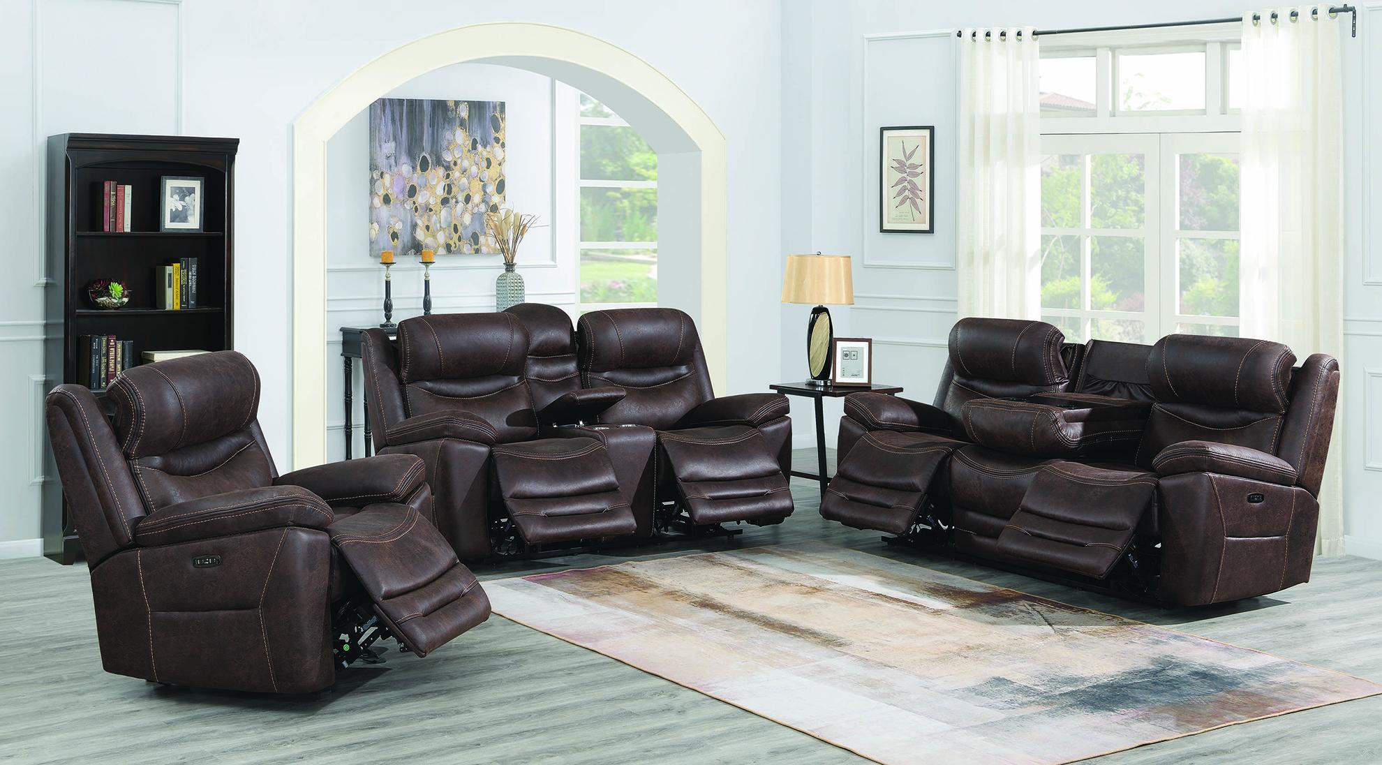 

    
Modern Chocolate Faux Suede Power Living Room Set 3pcs Coaster 603331PP-S3 Hemer
