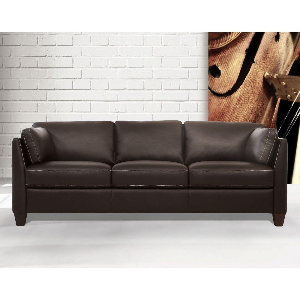 

    
 Order  Modern Chocolate Leather Sofa + Loveseat + Chair by Acme Matias 55010-3pcs
