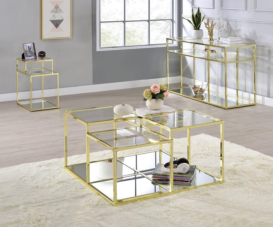 

    
Modern Clear Glass & Gold Coffee Table + End Table + Sofa Table by Acme Uchenna 83470-3pcs
