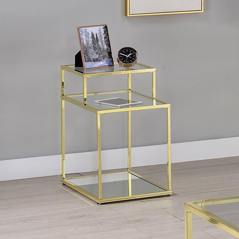 

                    
Buy Modern Clear Glass & Gold Coffee Table + End Table + Sofa Table by Acme Uchenna 83470-3pcs
