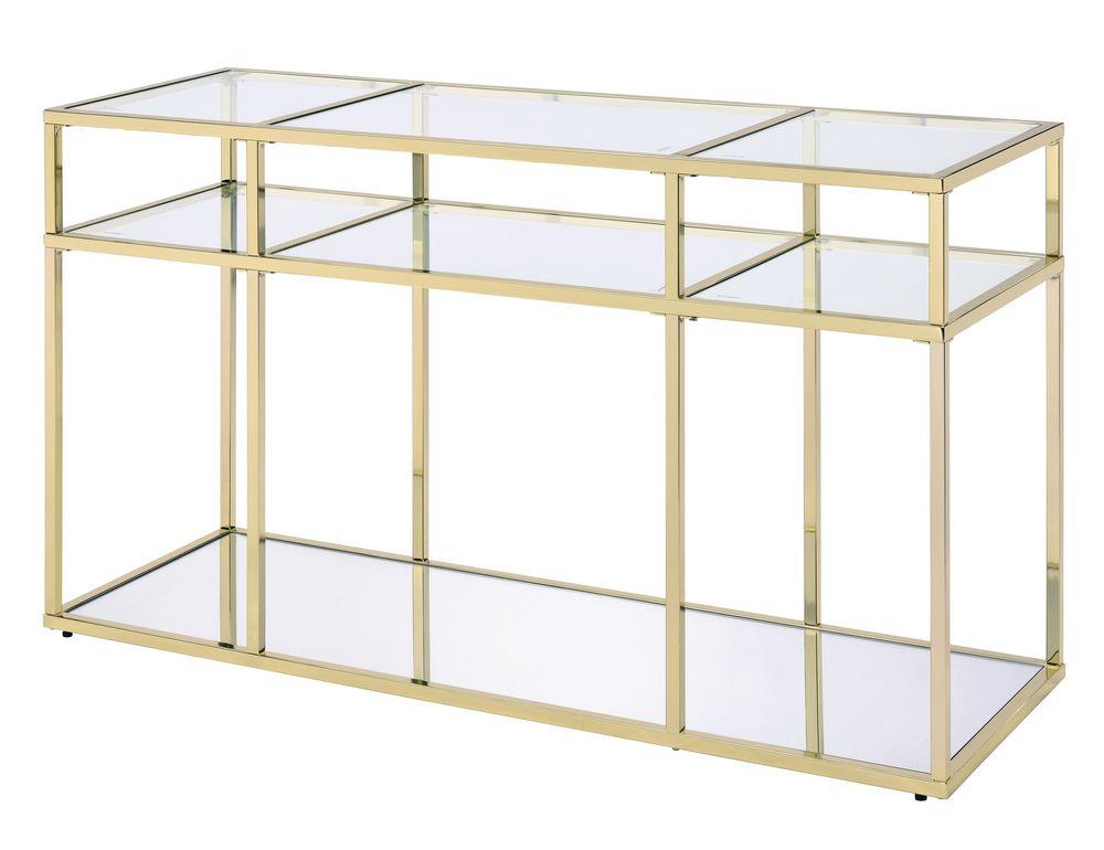 

    
 Order  Modern Clear Glass & Gold Coffee Table + End Table + Sofa Table by Acme Uchenna 83470-3pcs
