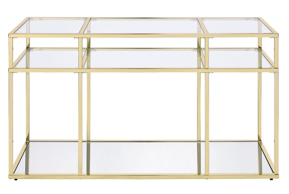 

    
 Shop  Modern Clear Glass & Gold Coffee Table + End Table + Sofa Table by Acme Uchenna 83470-3pcs
