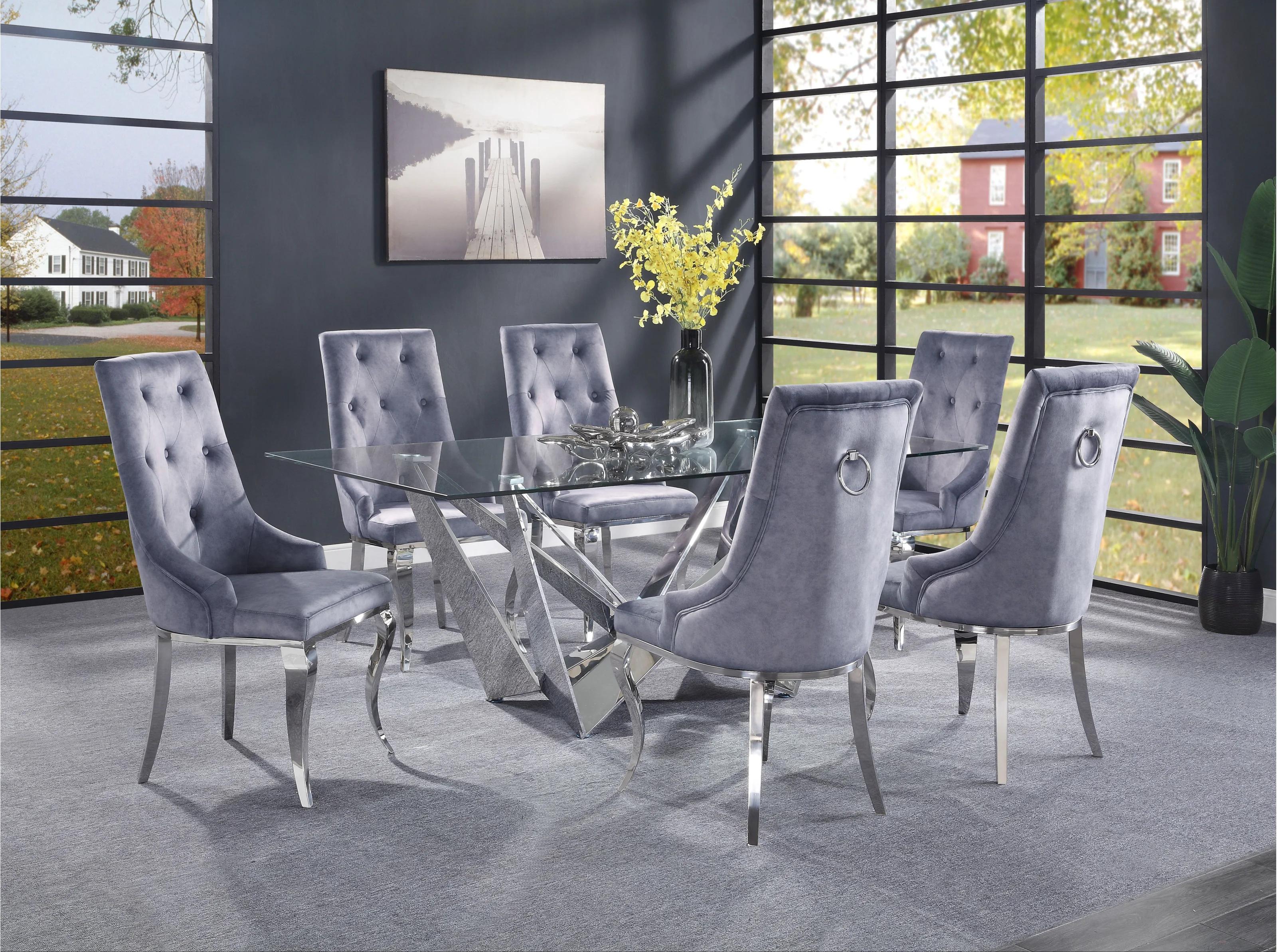 

    
Modern Clear Glass & Stainless Steel 7pcs Dining Set w/ Gray Chairs by Acme Dekel 70140-7pcs

