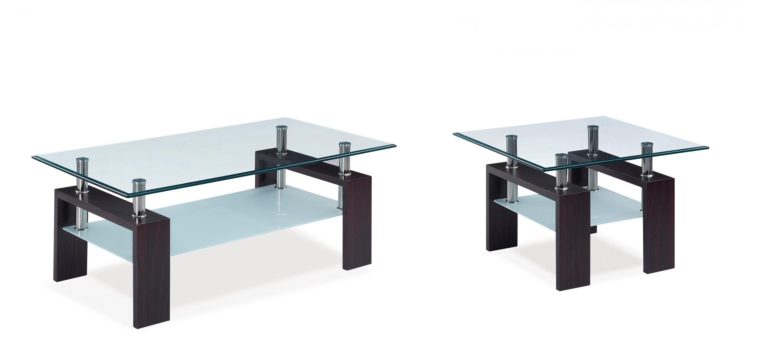 Modern Coffee Table and End Table Set T646CT & ET WENGE T646CT-2PC in Clear, Wenge Glass Top