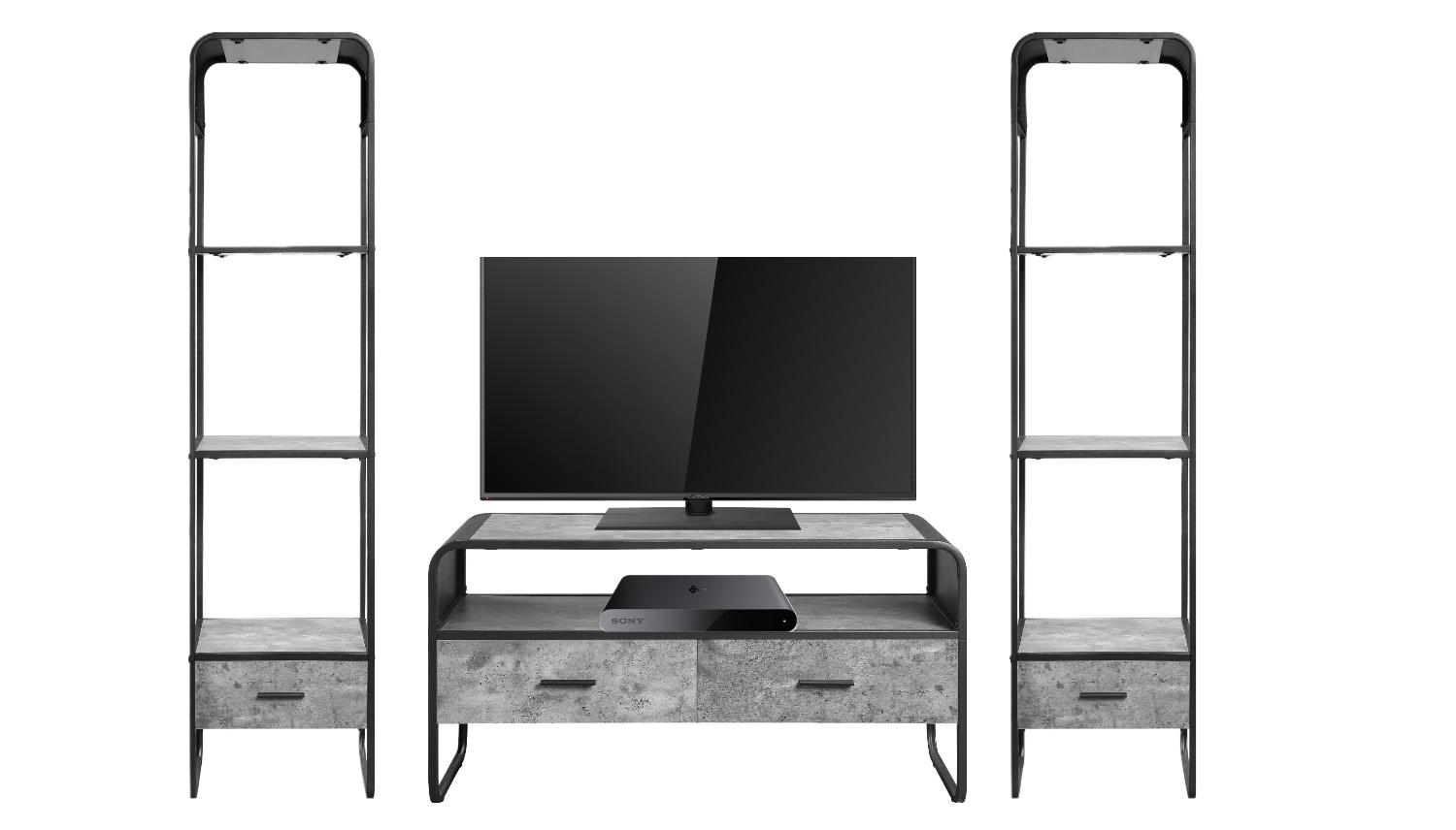 

    
Modern Concrete Gray & Black 2 Drawers TV Stand Set by Acme Raziela LV01143-3pcs
