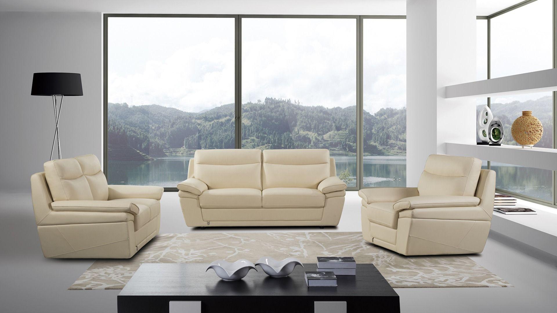 Contemporary, Modern Sofa Set EK092-CRM EK092-CRM-Set-3 in Cream Top grain leather
