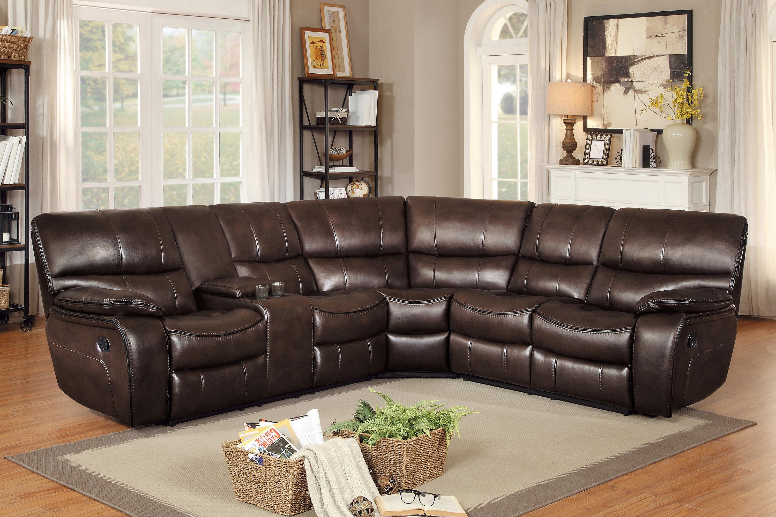 

    
Modern Dark Brown Faux Leather 3-Piece Reclining Sectional Homelegance 8480BRW*3SC Pecos
