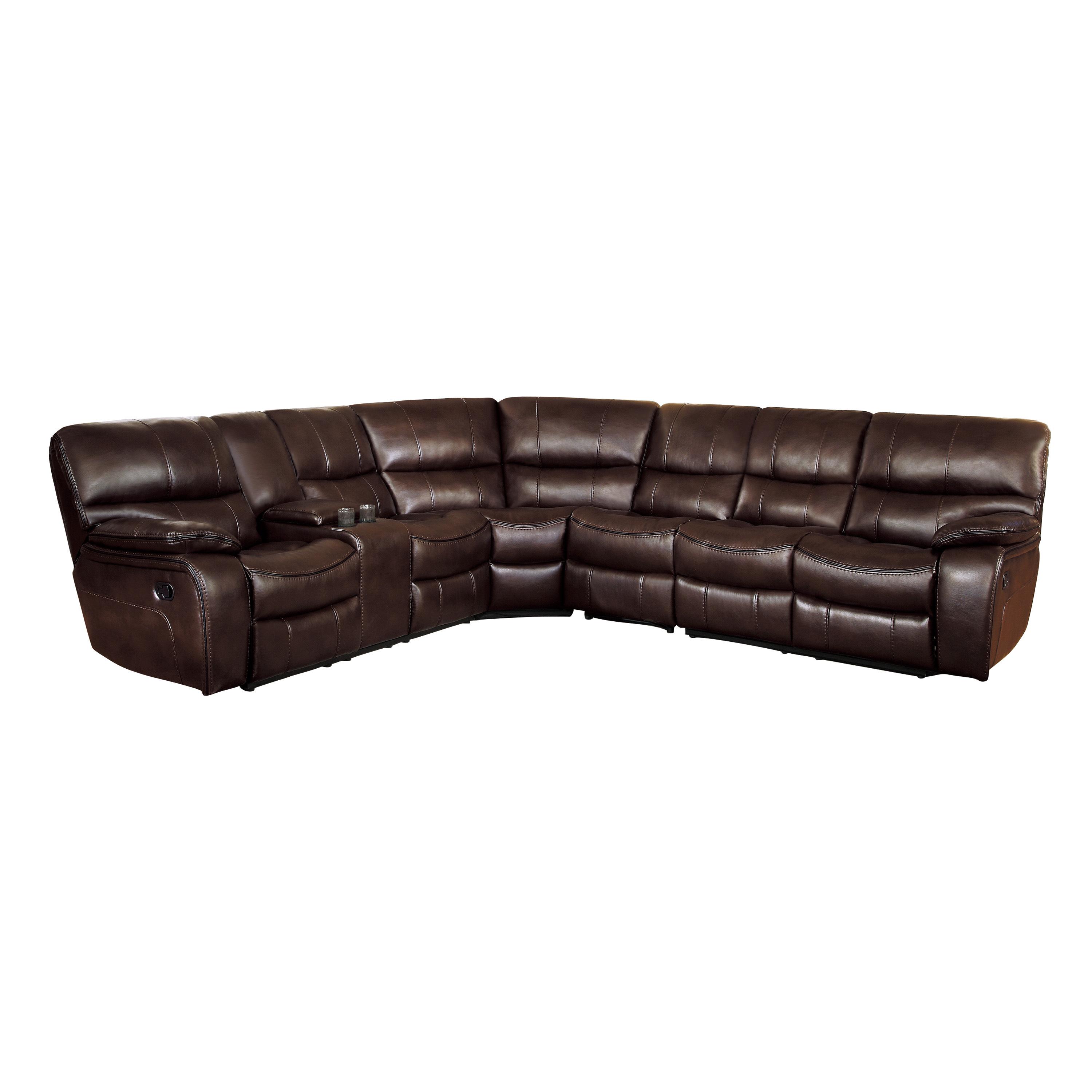 

    
Modern Dark Brown Faux Leather 4-Piece Reclining Sectional Homelegance 8480BRW*4SC Pecos
