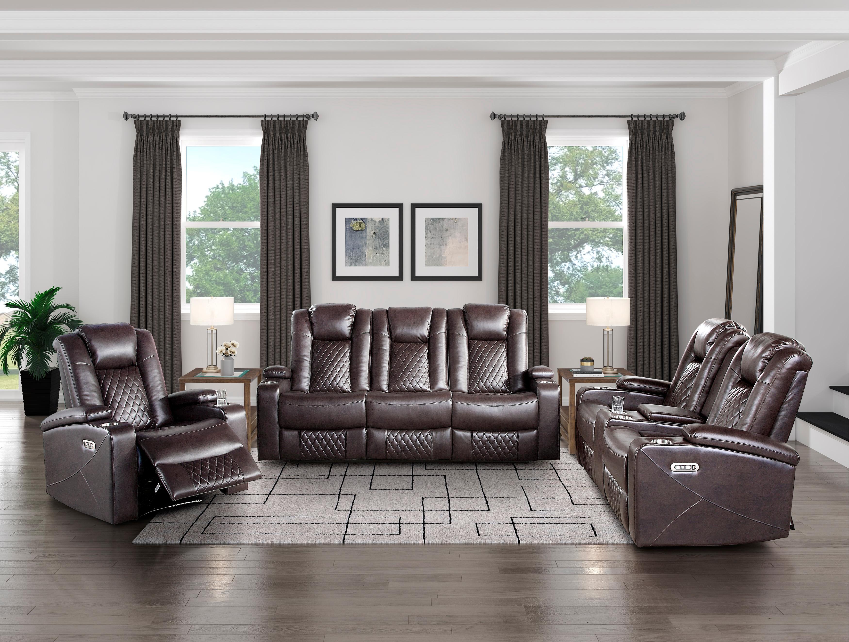 

                    
Buy Modern Dark Brown Faux Leather Power Reclining Sofa Homelegance 9366DB-3PWHC Caelan
