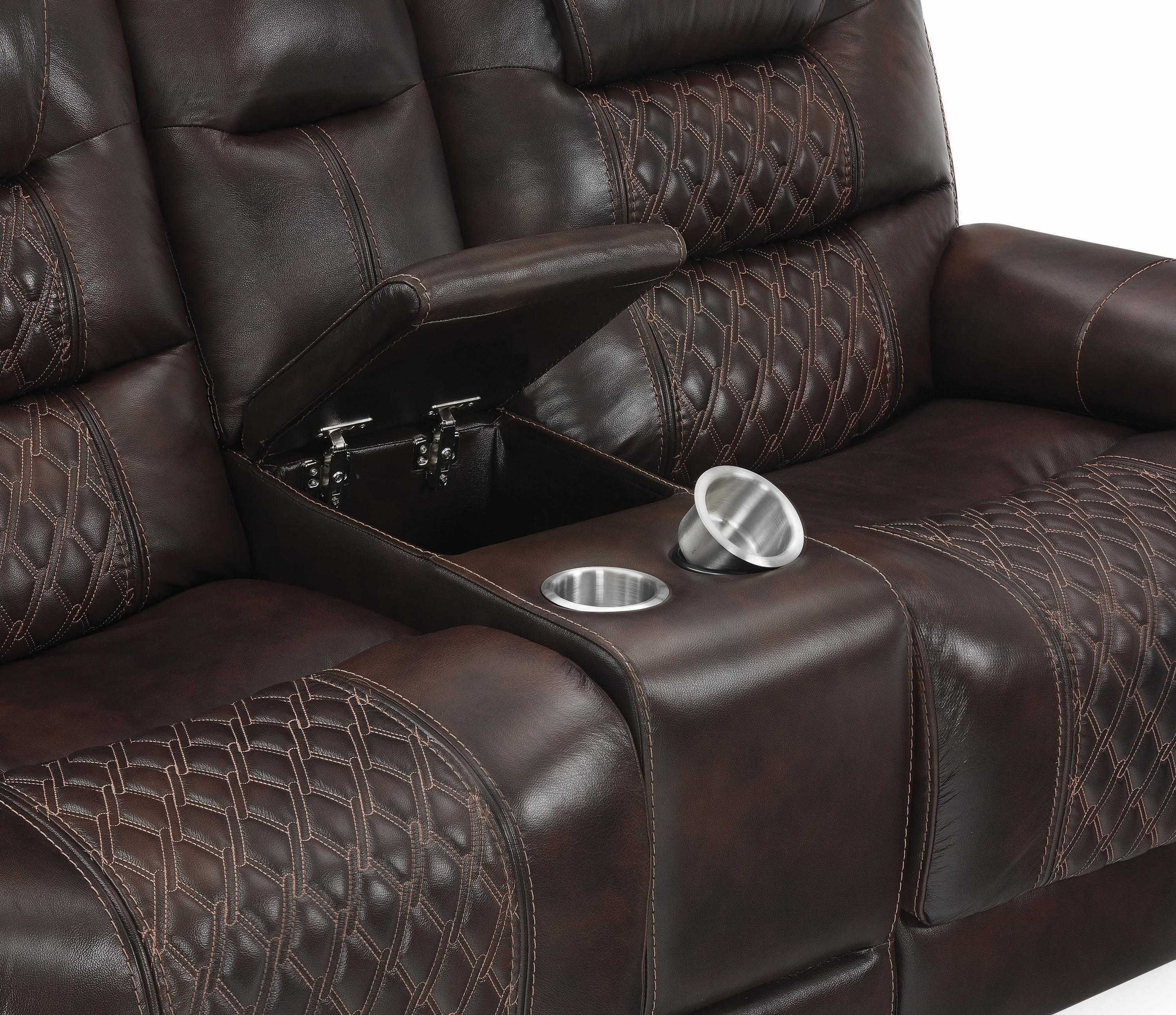 

    
 Shop  Modern Dark Brown Leather Power Living Room Set 2pcs Coaster 650401PP-S2 North
