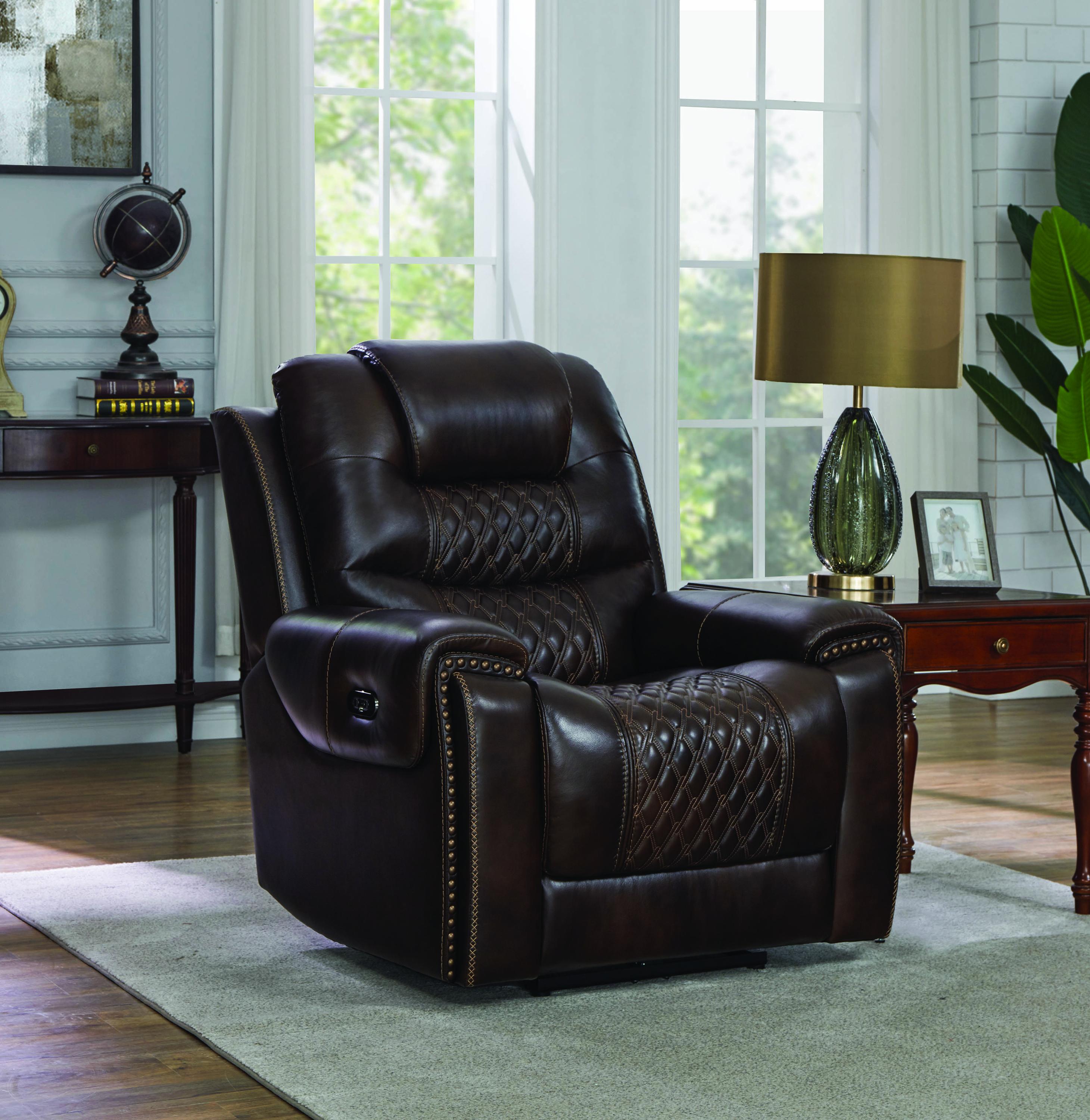 

    
 Order  Modern Dark Brown Leather Power Living Room Set 3pcs Coaster 650401PP-S3 North
