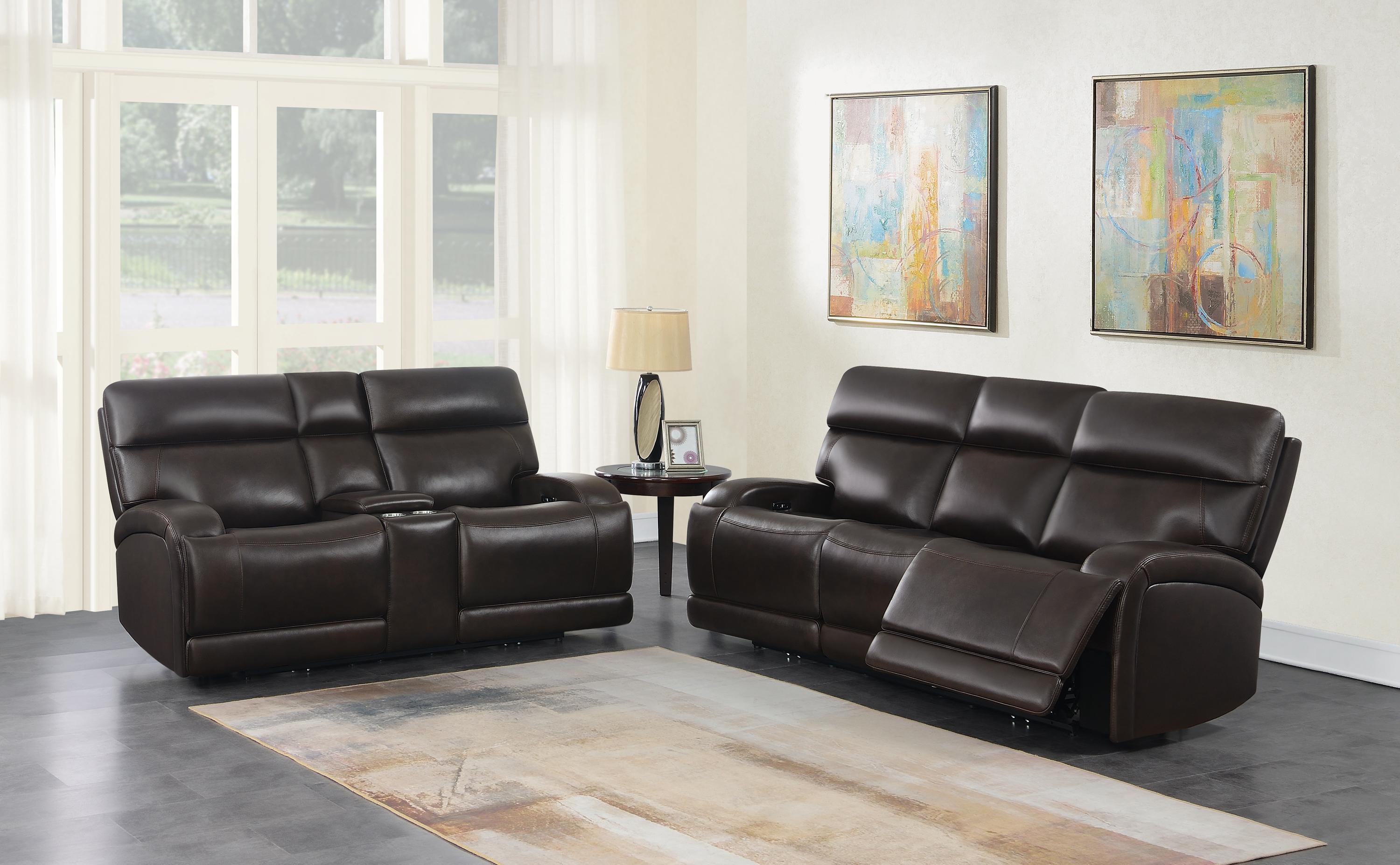 

    
Modern Dark Brown Top Grain Leather Power Living Room Set 2pcs Coaster 610481P-S2 Longport
