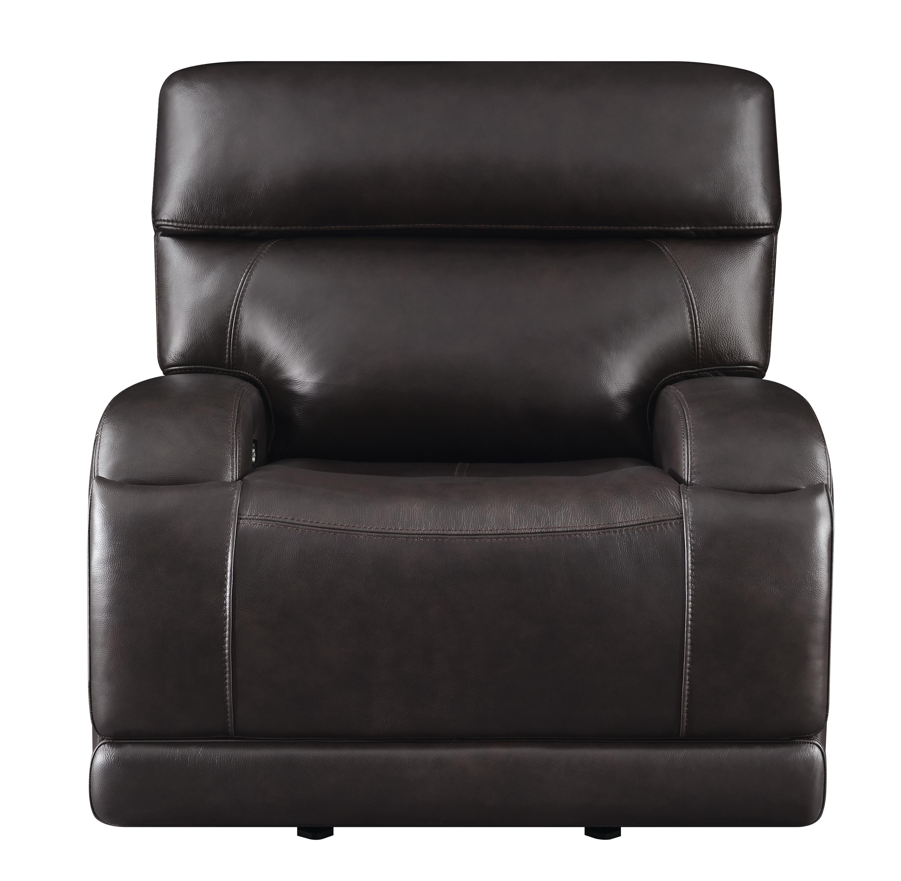 

    
 Shop  Modern Dark Brown Top Grain Leather Power Living Room Set 3pcs Coaster 610481P-S3 Longport
