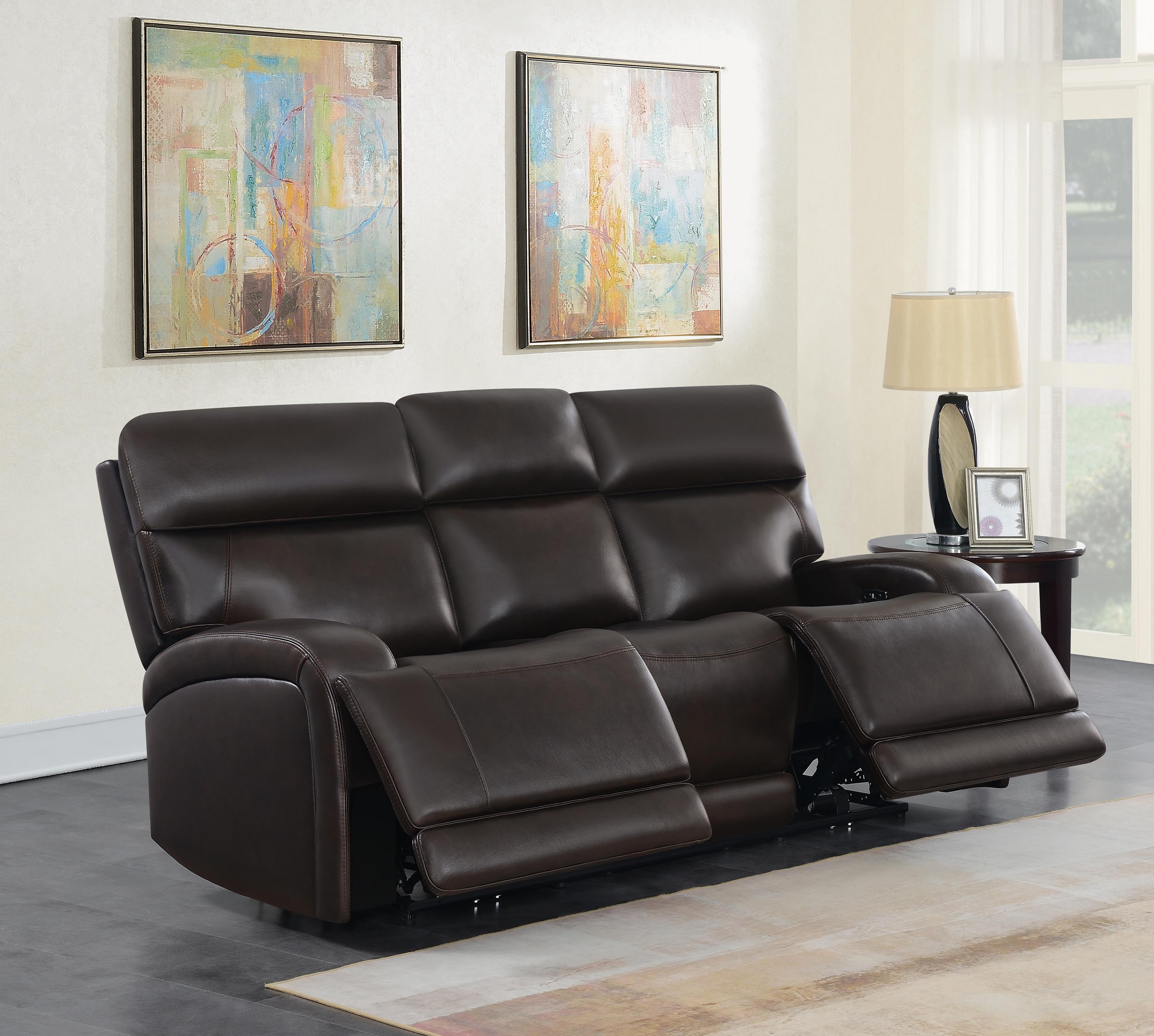

    
 Photo  Modern Dark Brown Top Grain Leather Power Living Room Set 3pcs Coaster 610481P-S3 Longport
