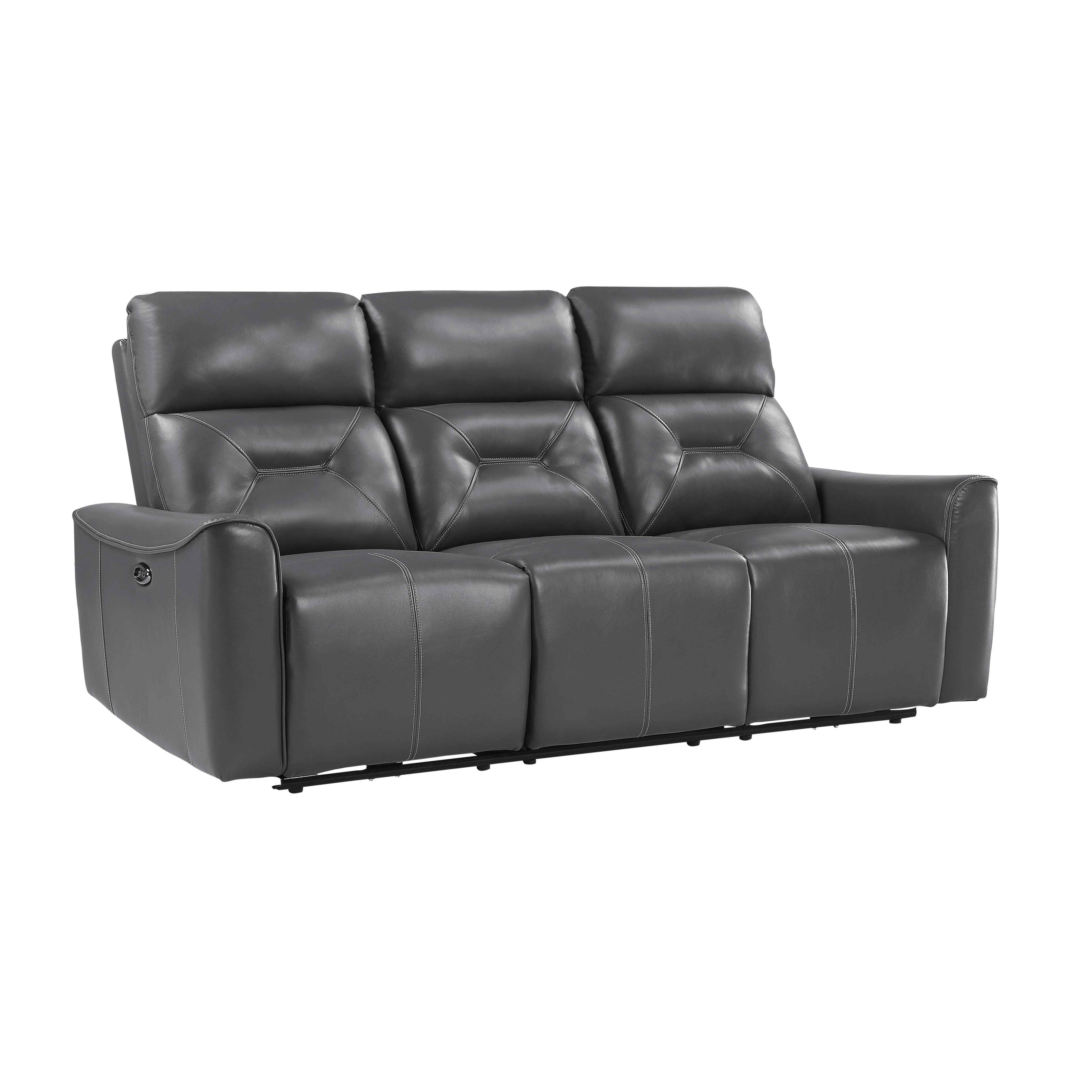 

    
Modern Dark Gray Faux Leather Power Reclining Sofa Homelegance 9446GY-3PW Burwell
